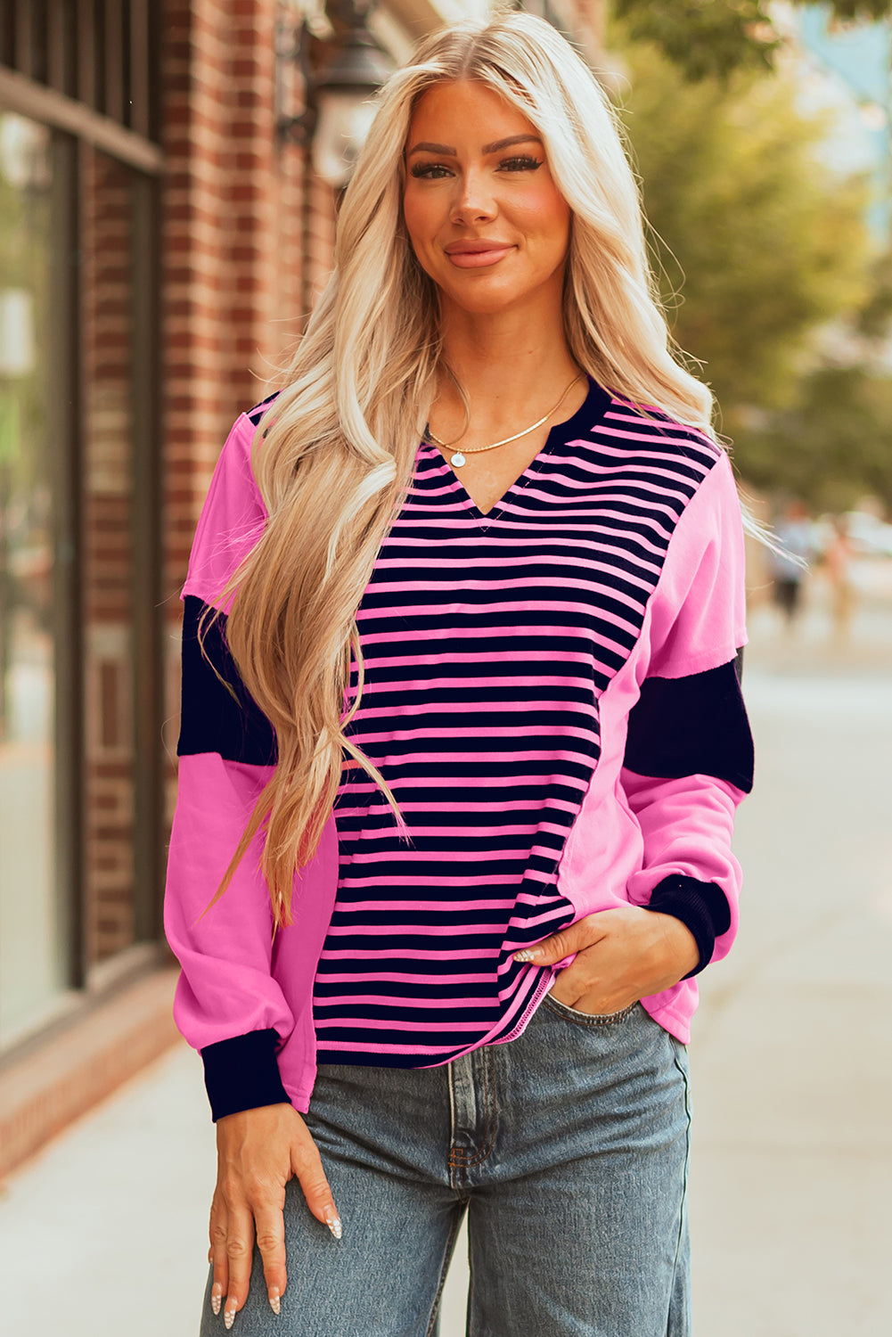 Stripe Colorblock V-Neck Easy-Fit Fit Long-Sleeved Top in Pink