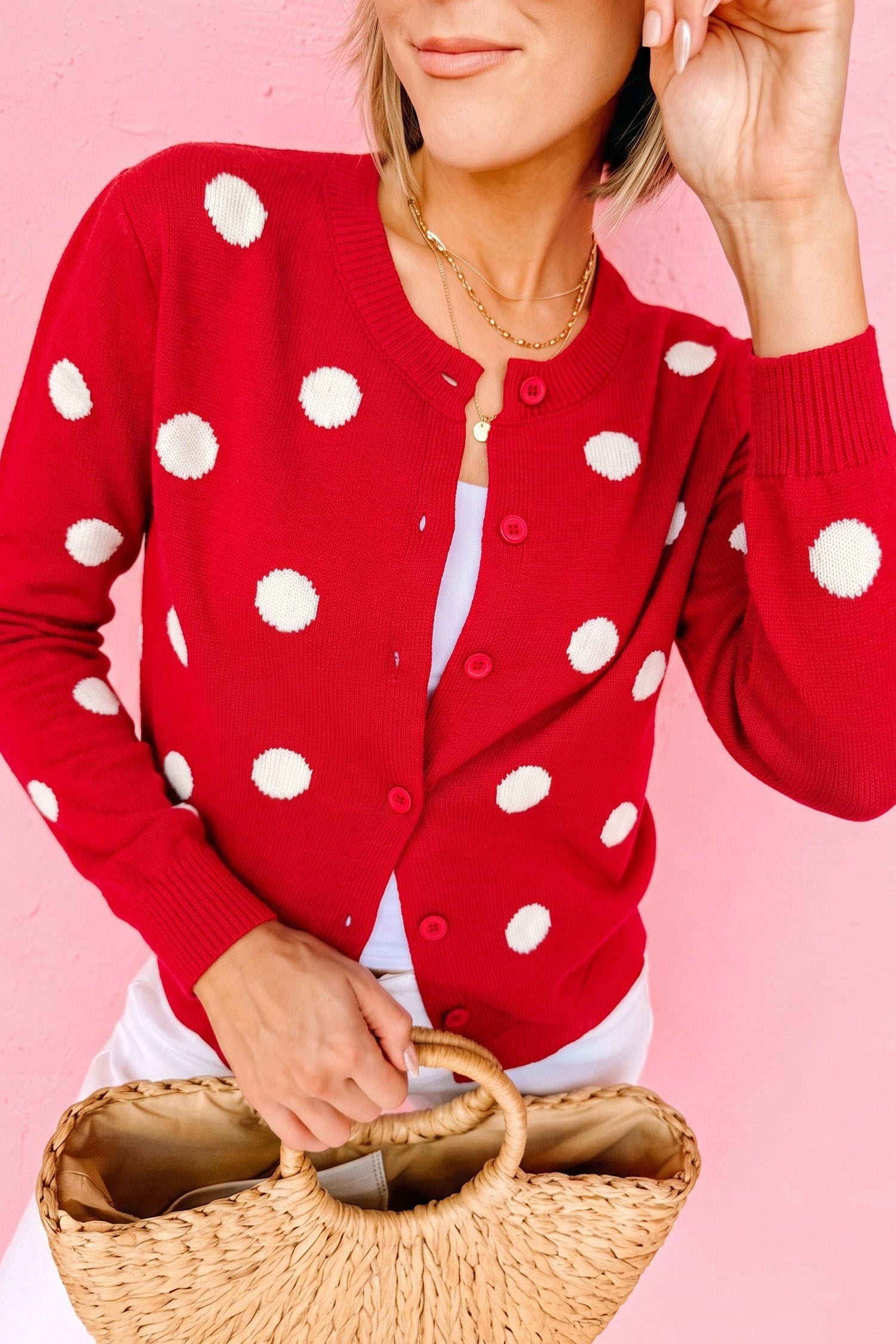 Everyday Polka-Dot Button Front Long-Sleeved Cardigan Knit Top in Fiery Red