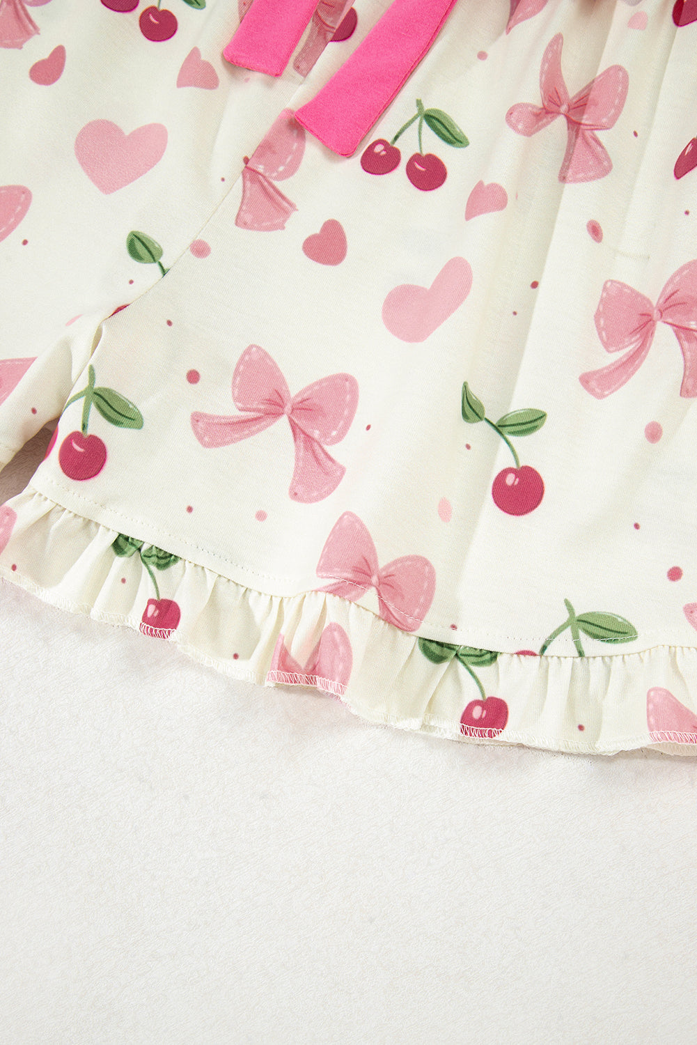 Fruit Print Bow Print Contrast Pipping Short Pajamas Set