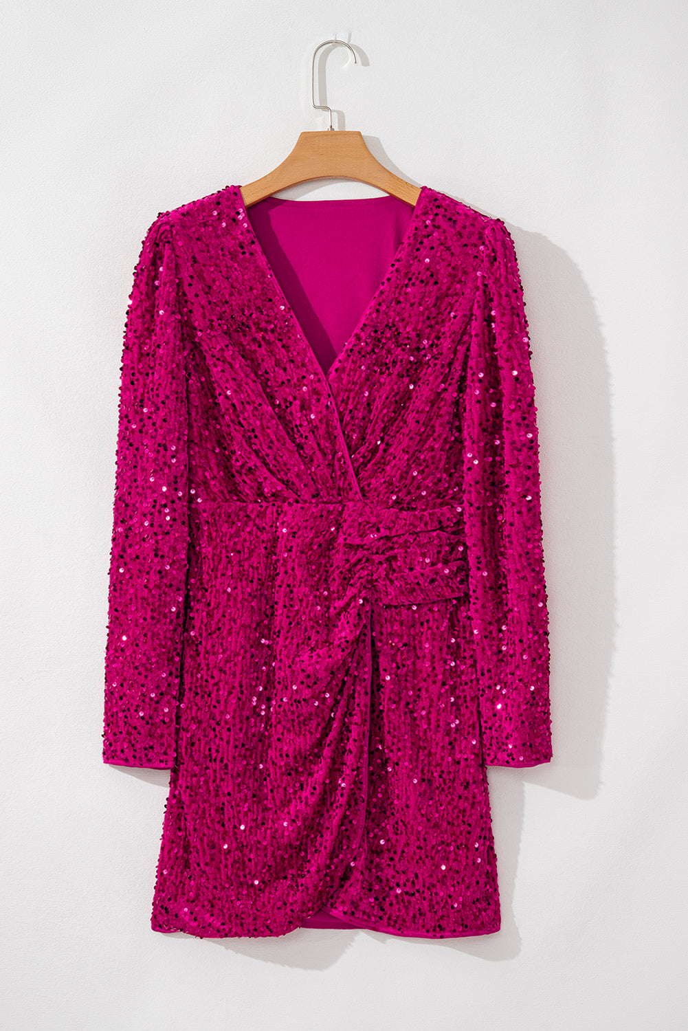 Pitaya Pink Velvet Sequin Long-Sleeved V-Neck Wrapped Party Mini Dress