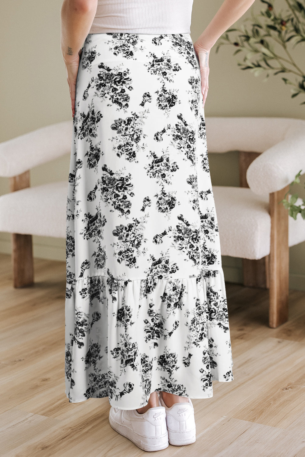 Black High-Waisted Boho Floral Ruffle Split Maxi Skirt in White