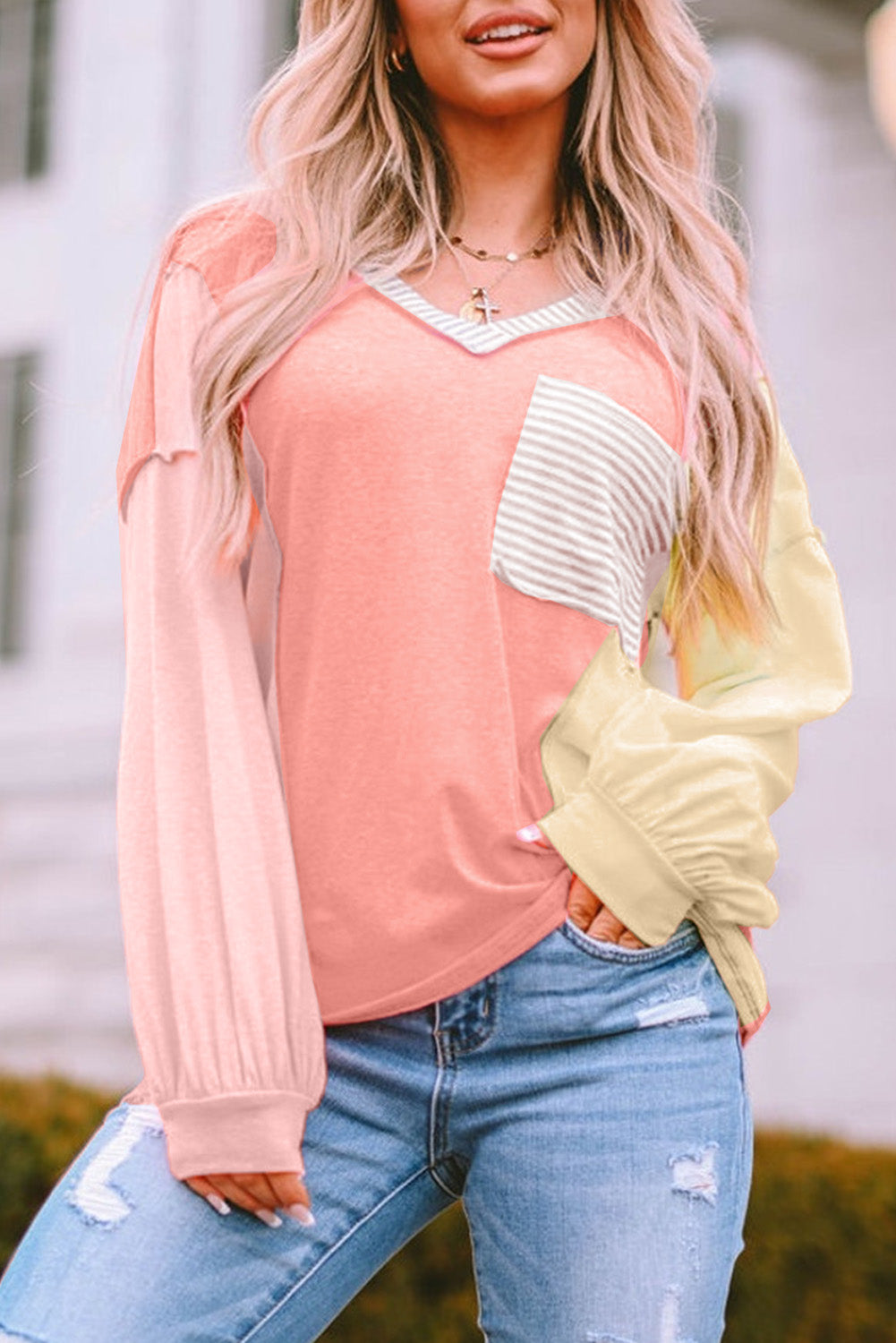 Women's Striped Color-Block Splicing T Shirt