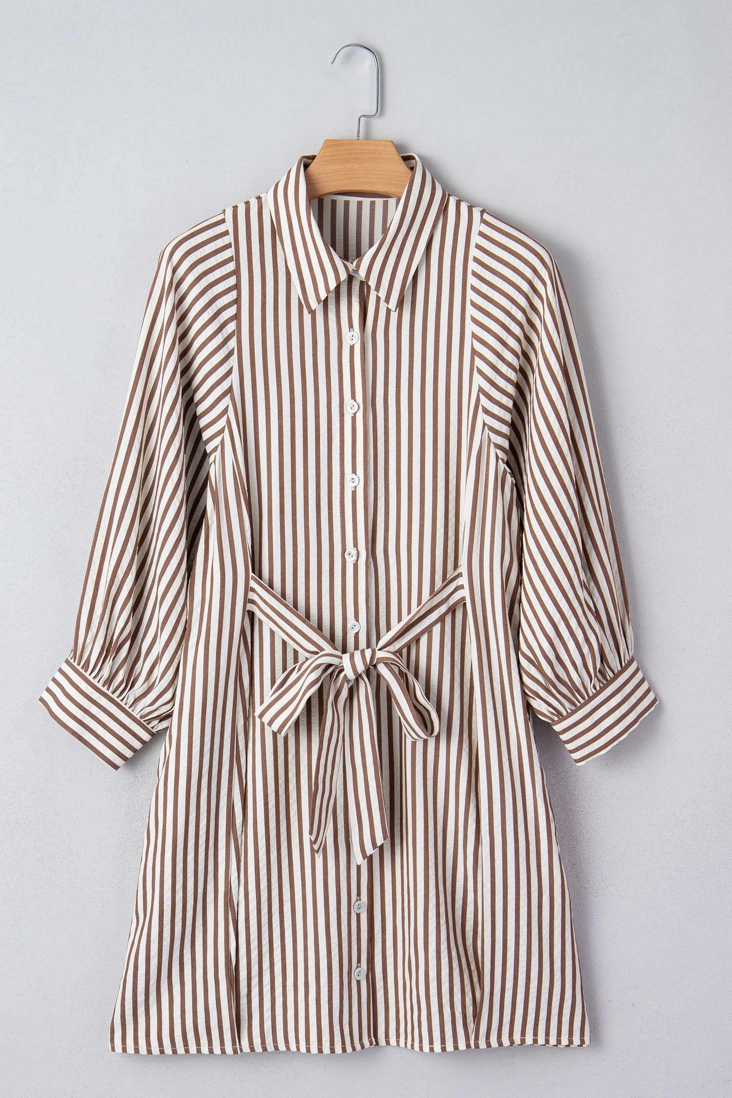 Stripe Knot Waist Button Down Mini Shirt Dress in Brown