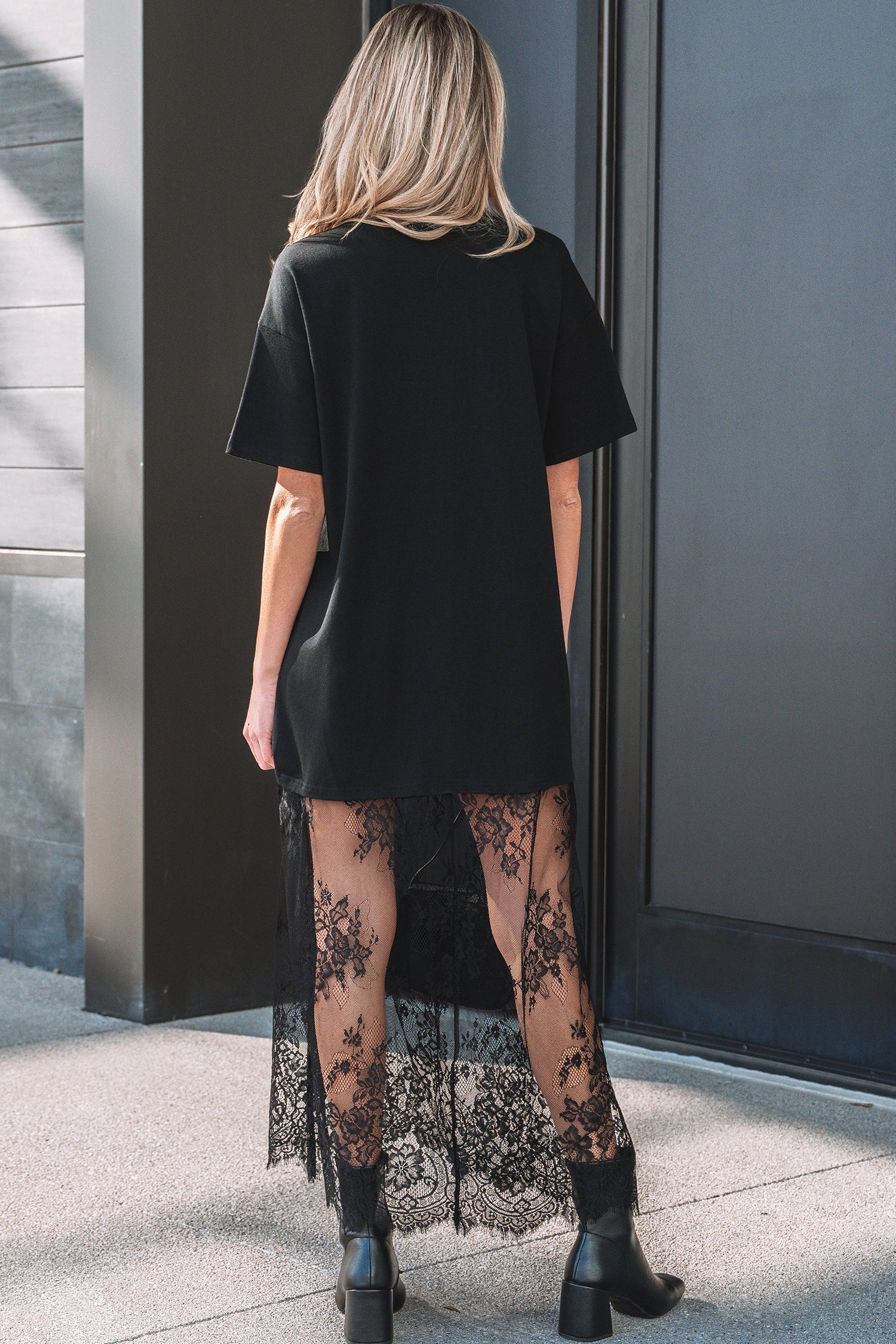 Patchwork Short-Sleeved Floral Short-Sleeved T Shirt Loose Maxi Dress in Black