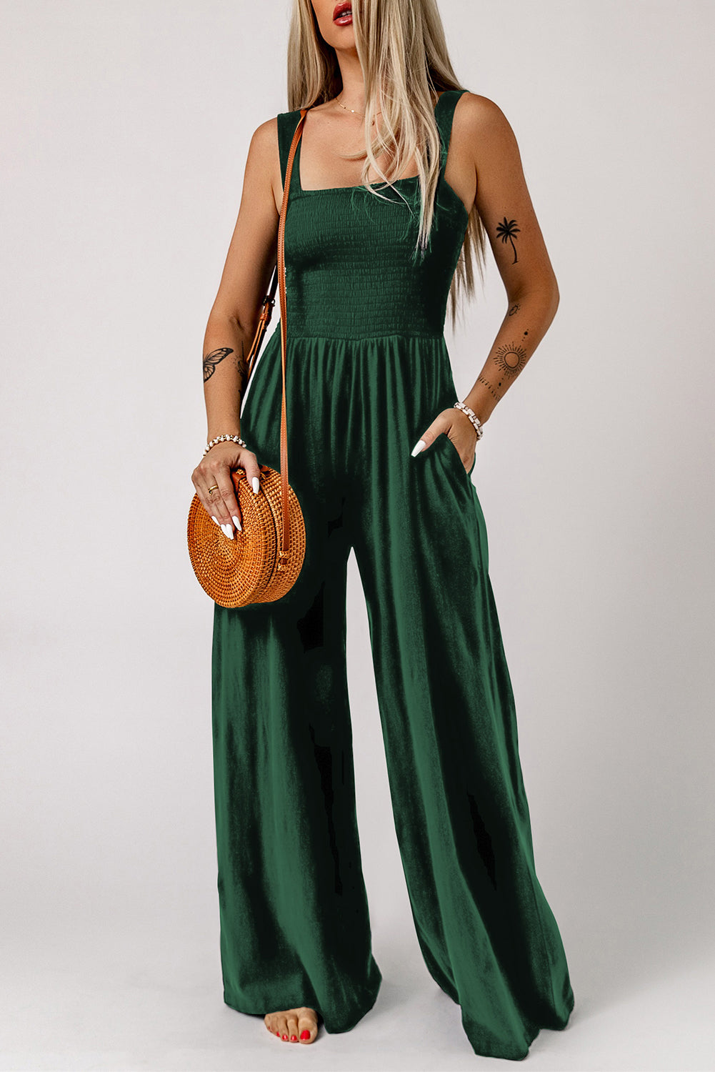 Women's Shirred Sleeveless Wide Leg Jumpsuit