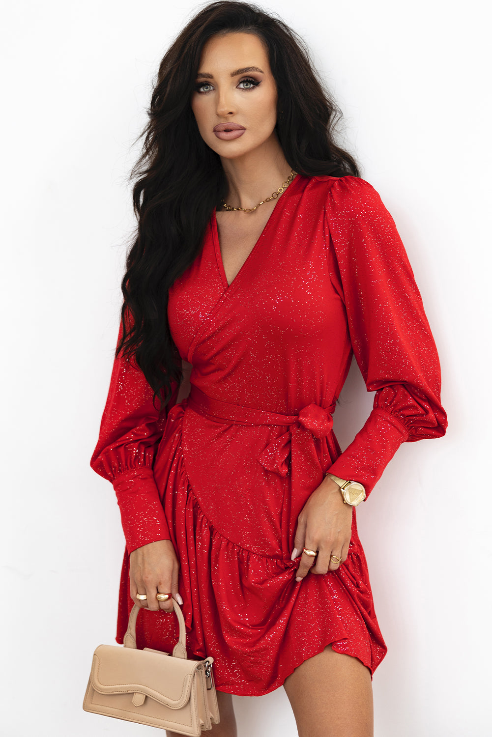 Tinsel Buttoned Bishop Sleeve Surplice Neck Ruffled Mini Dress