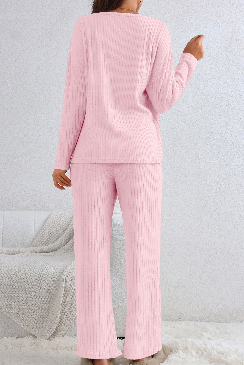 Rib-Knit Knit V-Neck Slouchy Two-piece Outfit