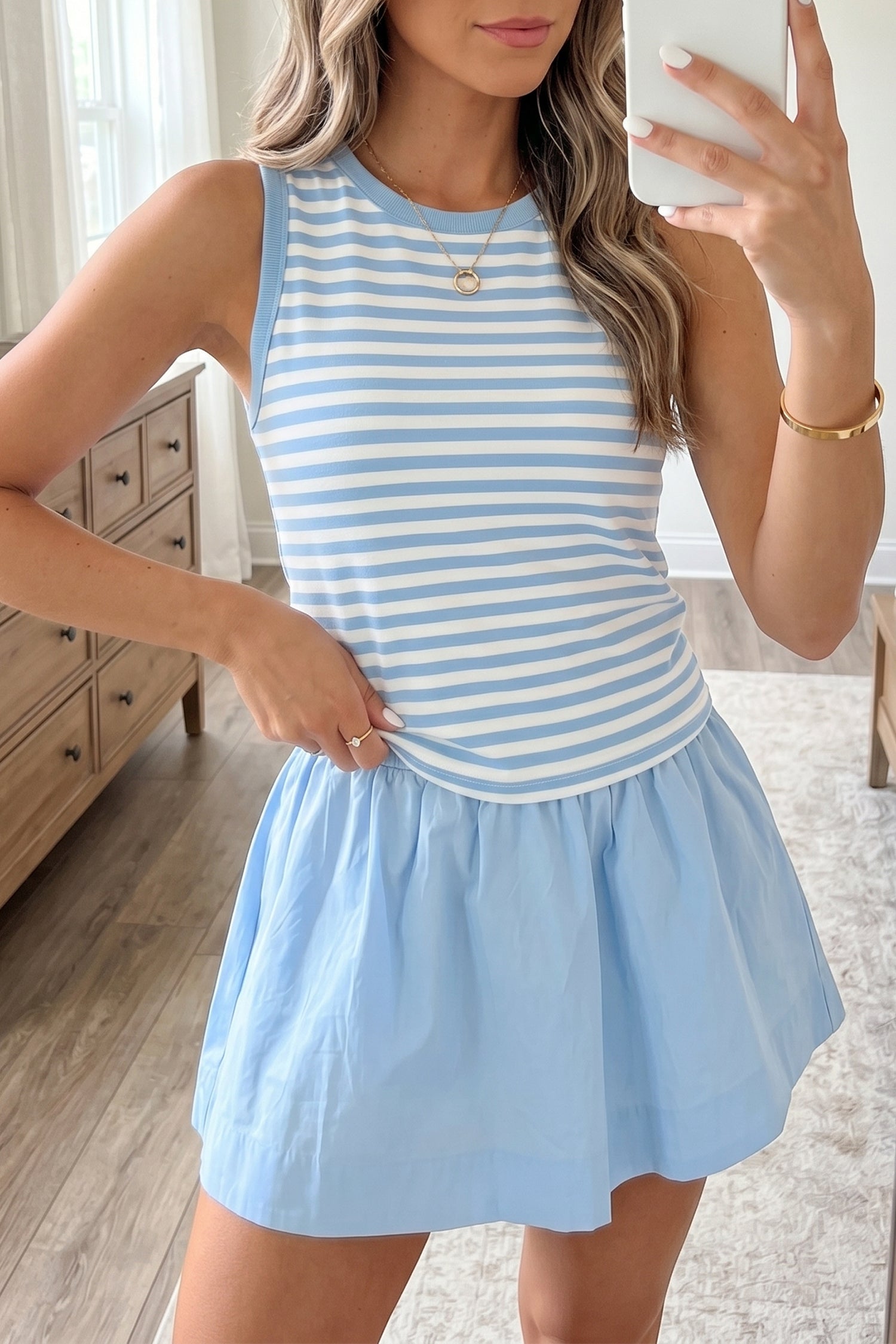 Cute Sky Blue Stripe Slim Tank Contrast Ruffle Mini Skort Set