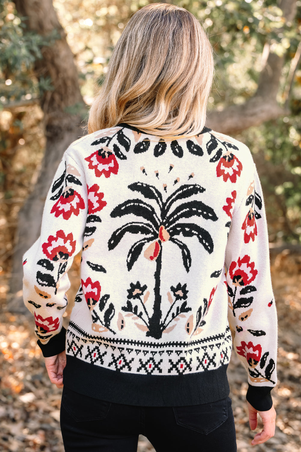 Floral-Print Button-Front V-Neck Knit Cardigan