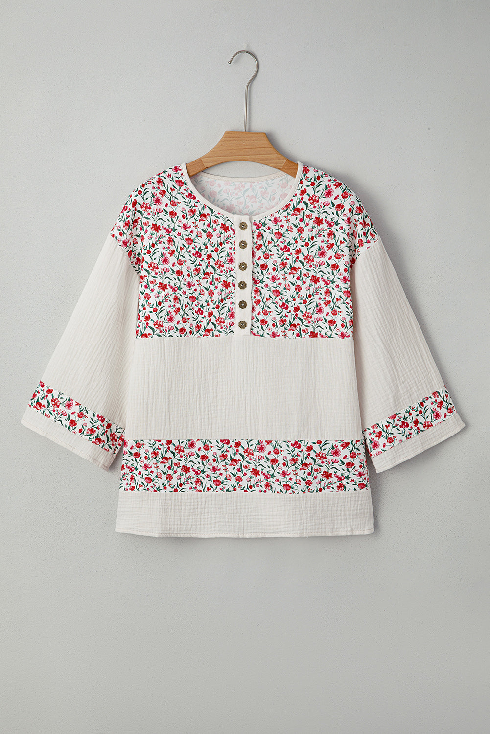 Patchwork Floral-Print Gauze Henley Button 3/4 Sleeve Blouse