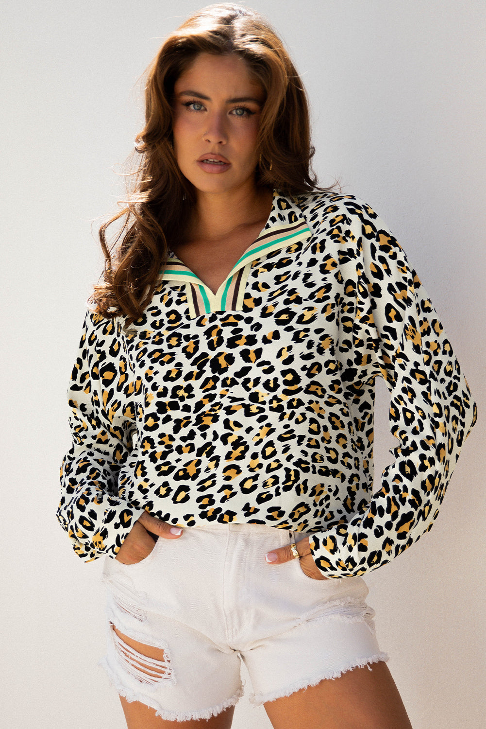 Leopard-Print Contrast Striped V-Neck Blouse
