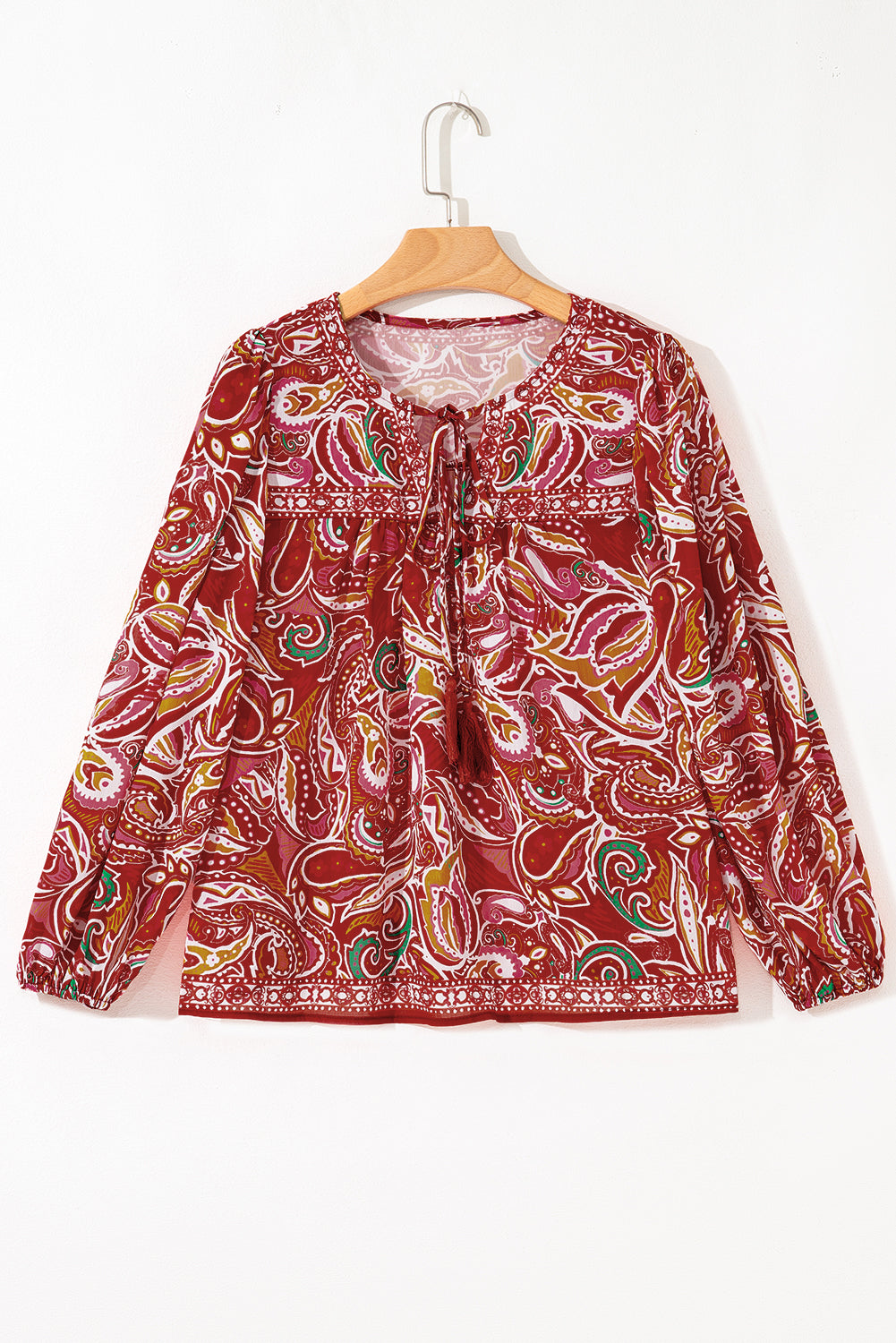 Paisley Print Ethnic Print Tassel Tie Puff Sleeve Boho Blouse