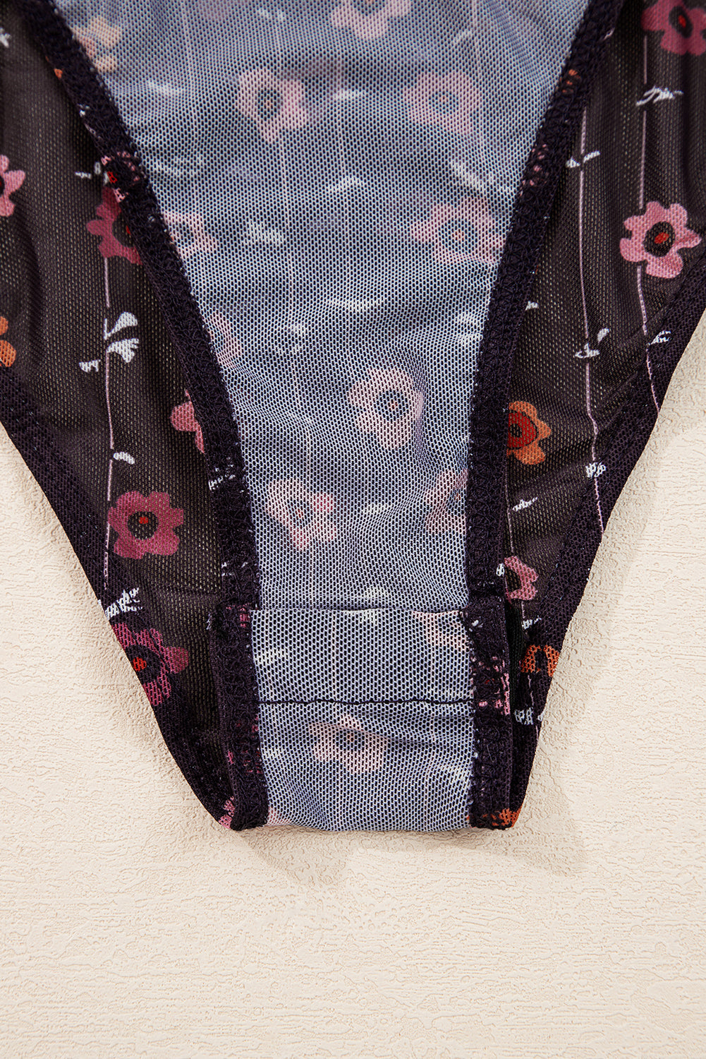 Smocked Cuff Floral-Print Cuff Slim Fit Mesh Bodysuit