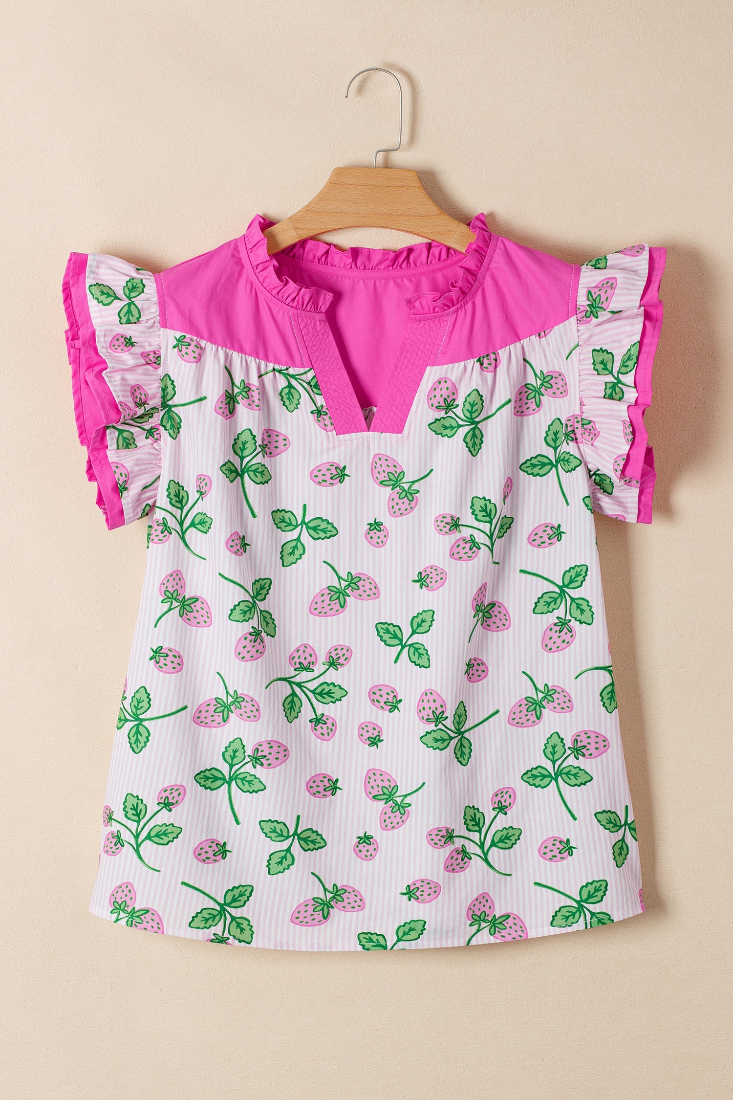 Printed Striped Strawberry Colorblock Patchwork V-Neck Flutter Sleeve Blouse