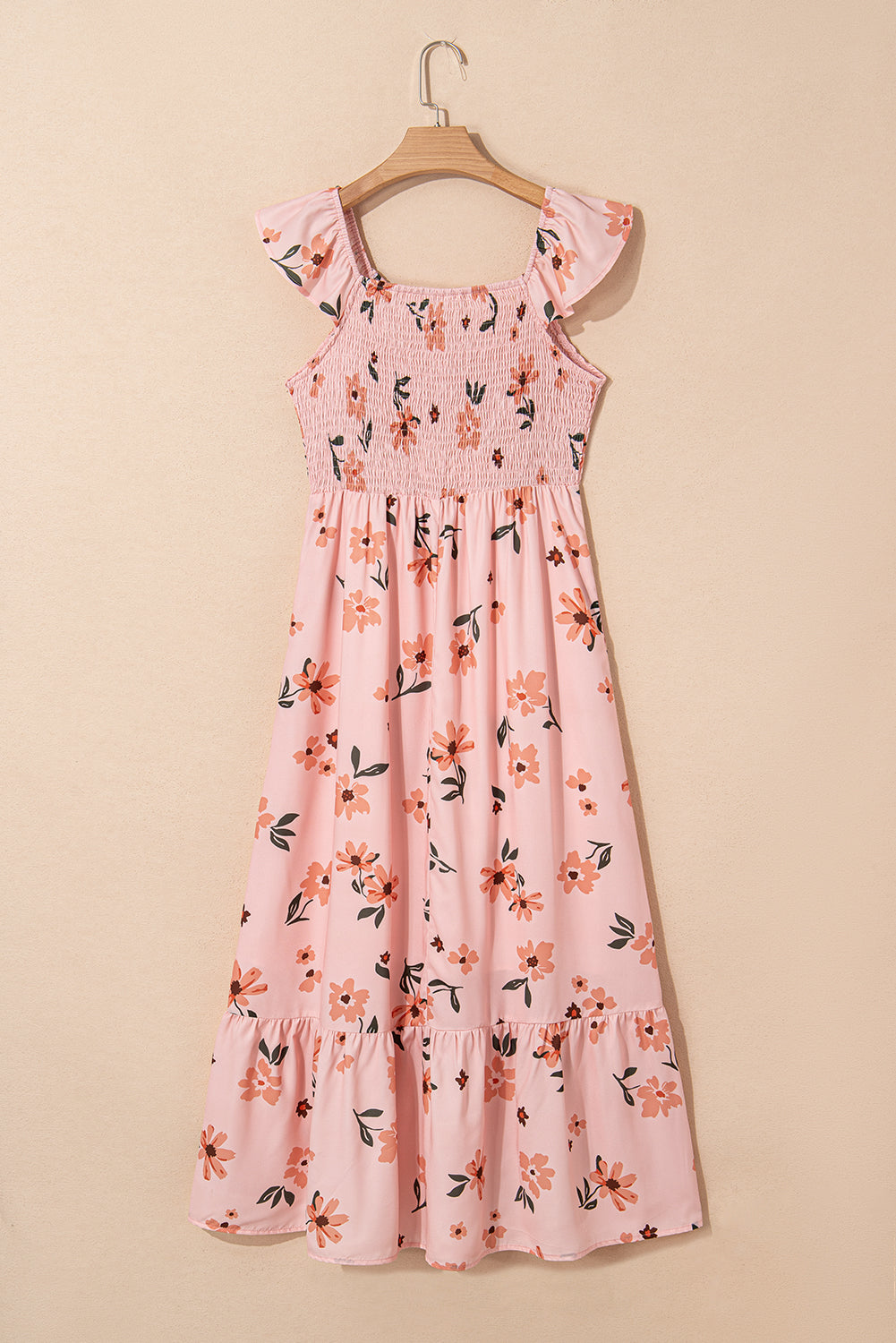 Floral V Neck Smocked High Waist Ruffle Hem Long Dress