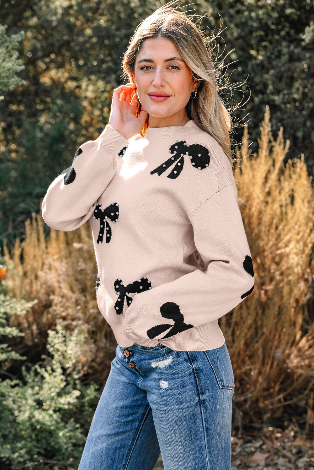 Pearl Embellished Bow Pattern Loose Knit Top