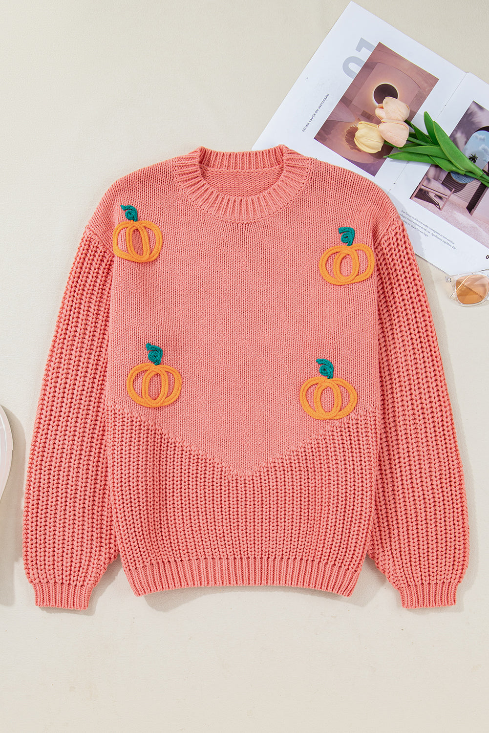 Pumpkin Embroidered Thanksgiving Holiday Knit Top