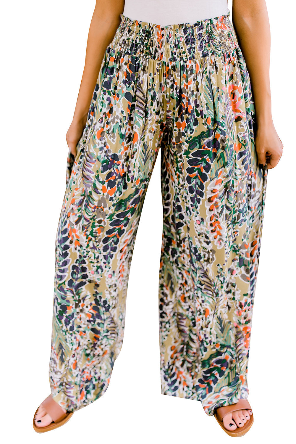 Women's Floral-Print Print Shirred High-Rise Wide-Leg Everyday Pants