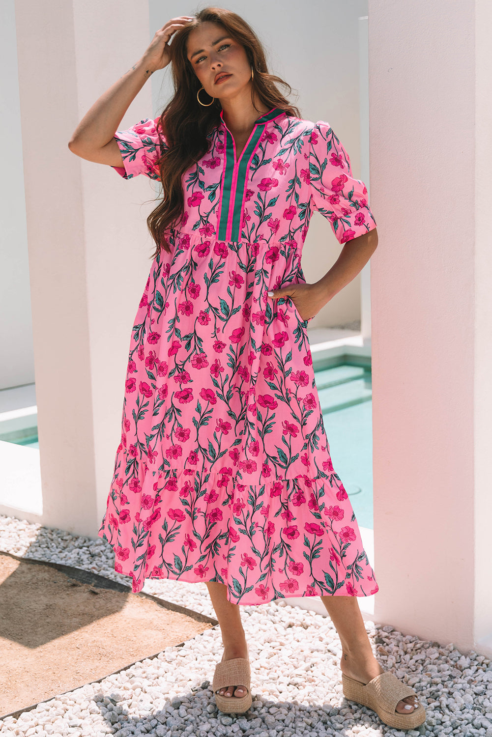 Neckline Floral Contrast A-line Puff Sleeve Long Dress
