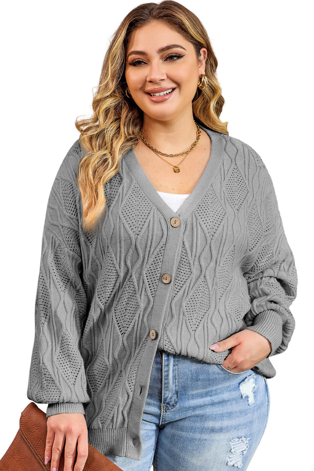 Cardigan Boutonné Creux en Tricot de Grande Taille