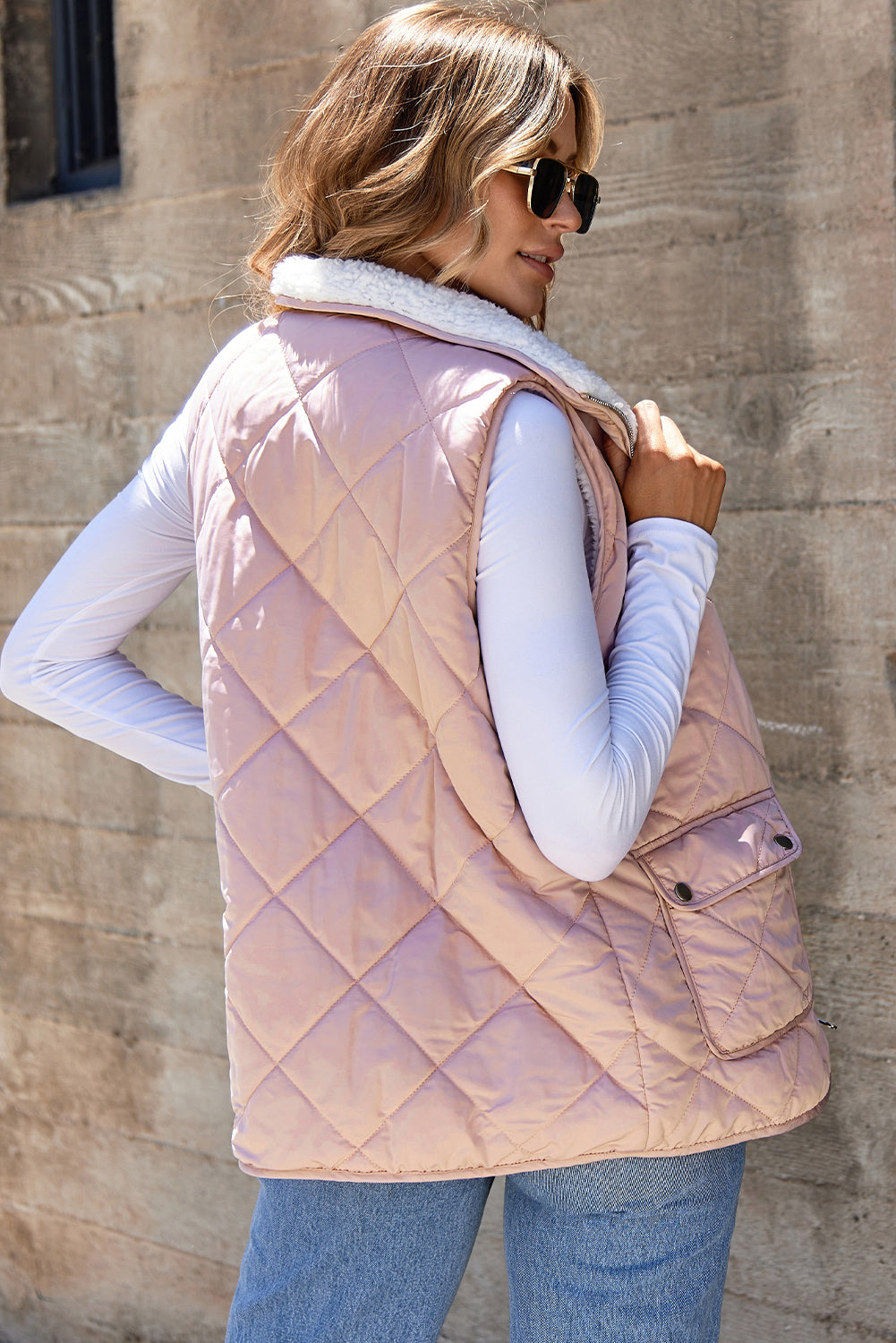 Lined Quilted Fleece Quilted Vest Coats in Pink