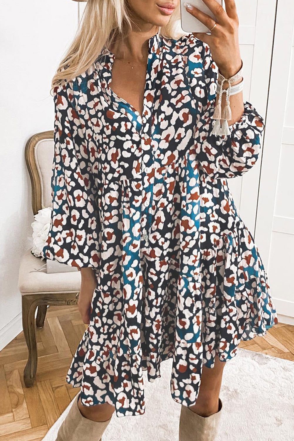 Robe chemise à volants et manches bouffantes imprimé léopard