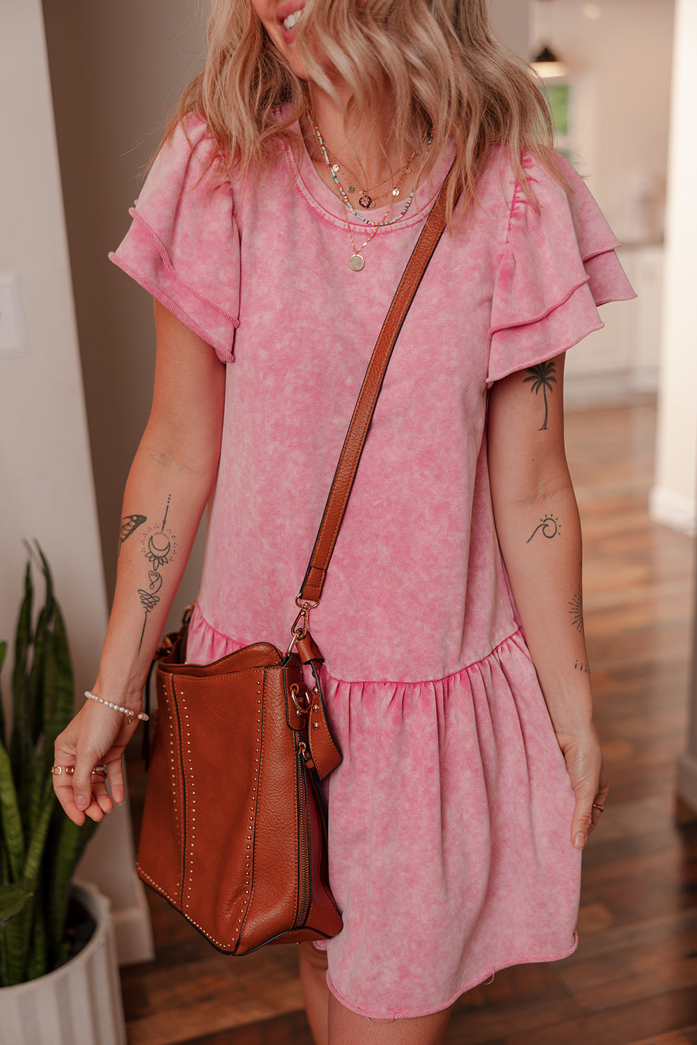 Pink Mineral Wash Raw Edge Ruffle Mini Dress