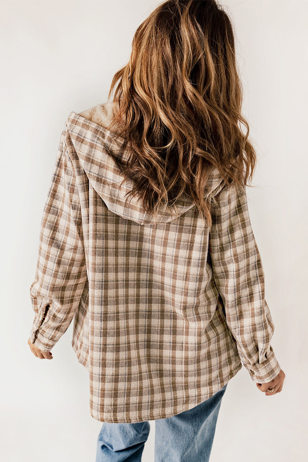 Women's Shacket Featuring Sherpa Lined Hooded Plaid Pattern