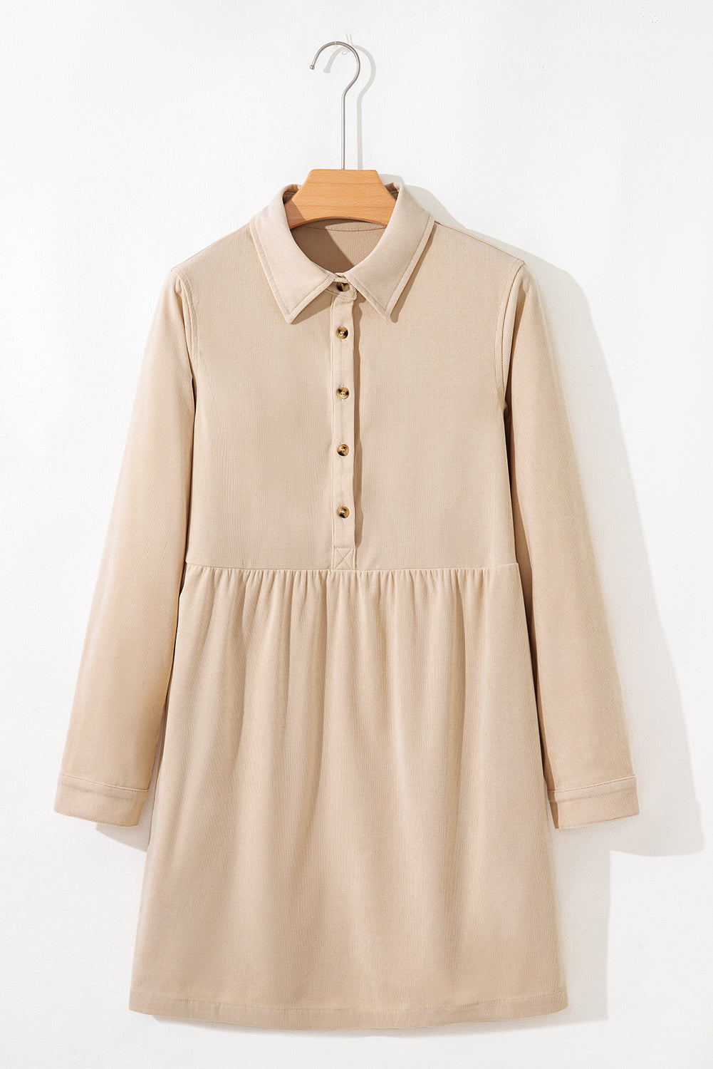 Button Corduroy Half Collared Long-Sleeved Mini Dress