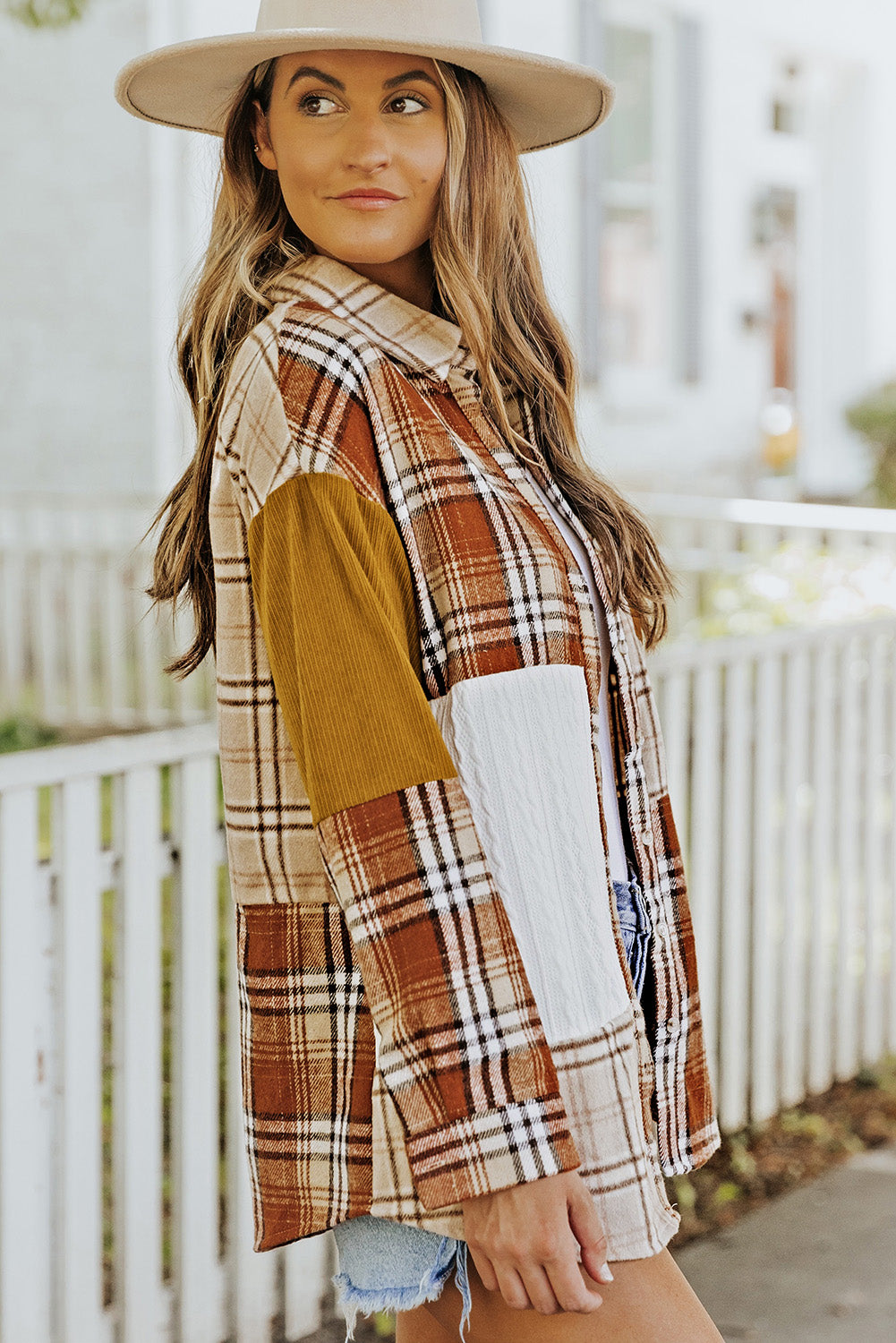 Veste chemise patchwork orange à carreaux color block avec poche