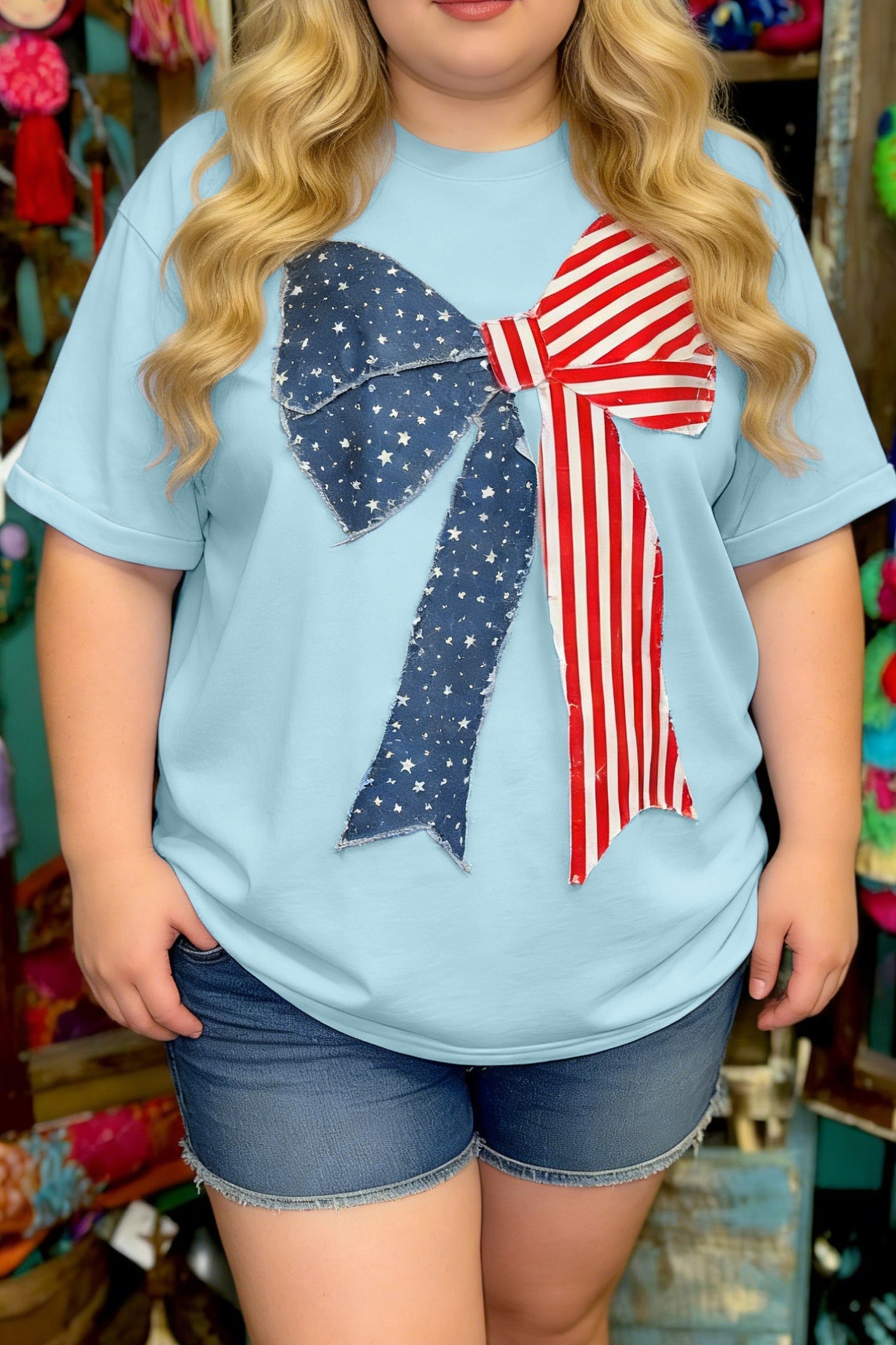 Plus Size Patriotic Bow Patchwork Graphic T-Shirt in Beau Blue