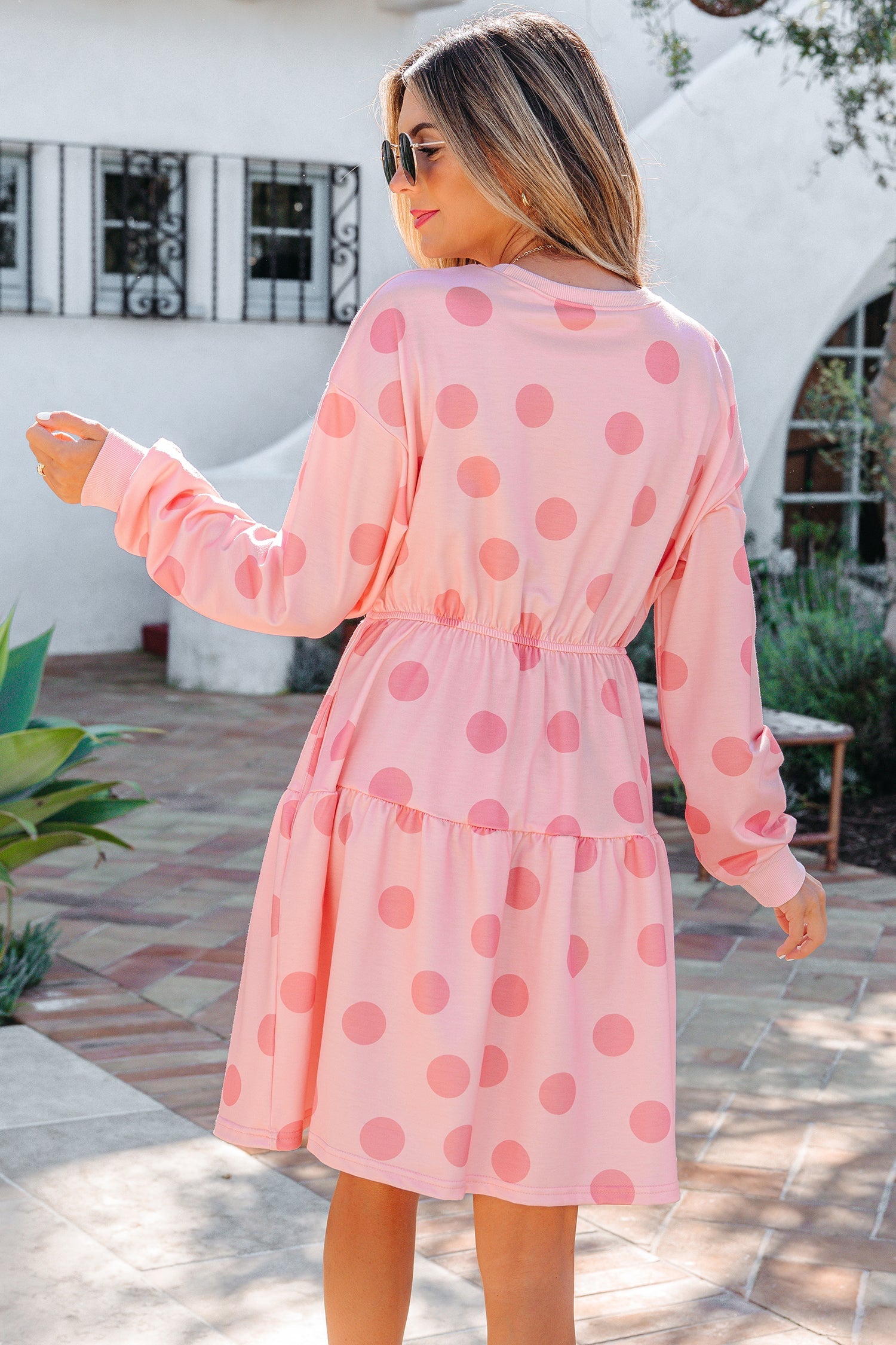 Polka-Dot Flared Printed Long-Sleeved Mini Dress in Pink