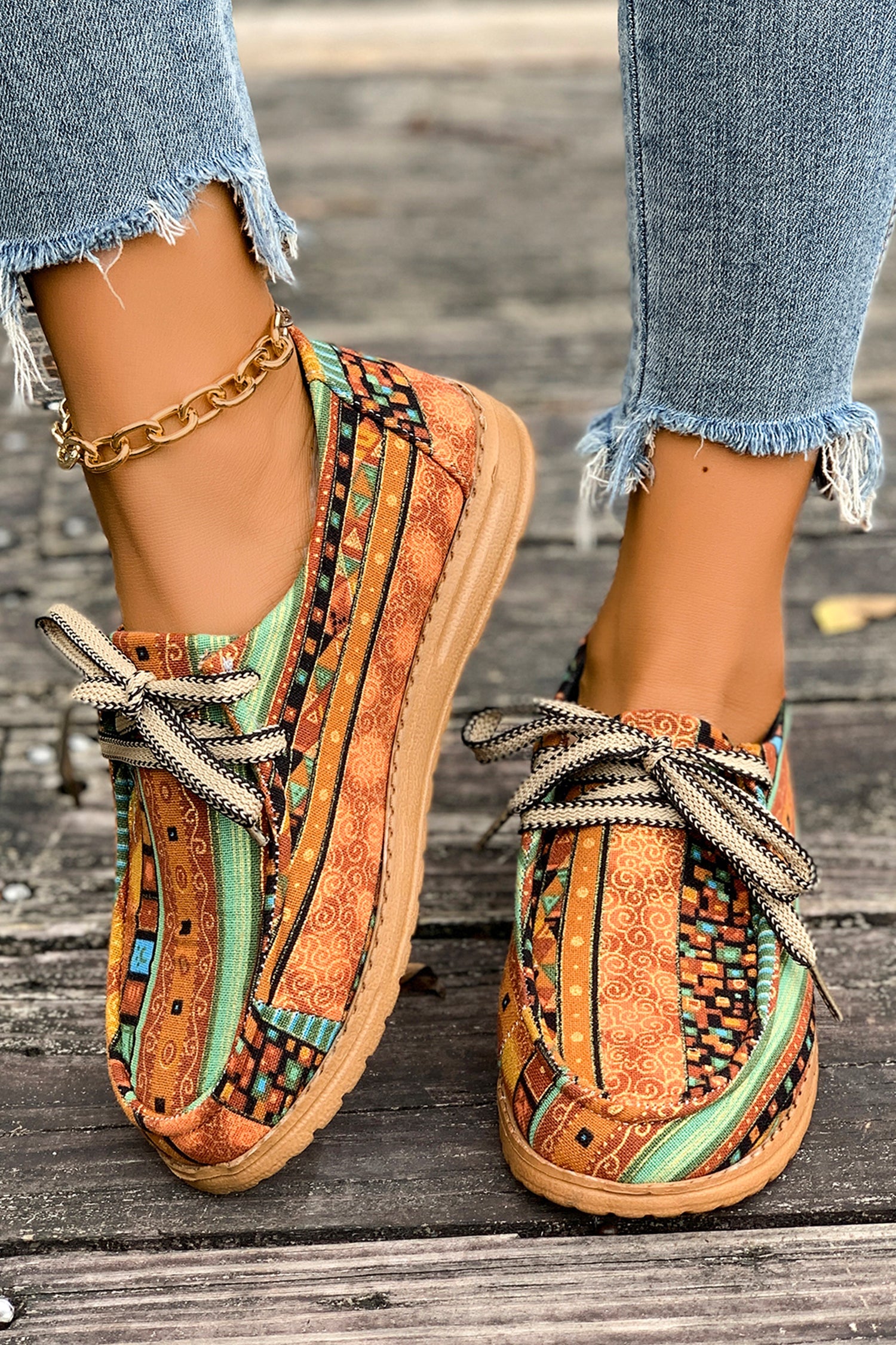 Artistic Print Ethnic Print Lace-up Detail Comfort Loafer Shoes