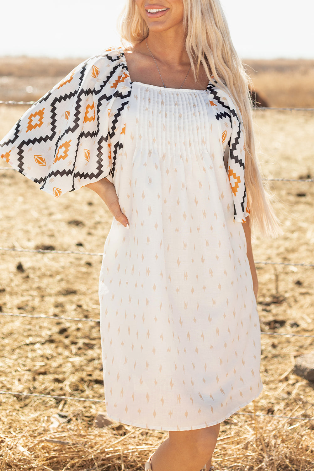 Beige Western Aztec Print Pleated Square Neck Mini Dress