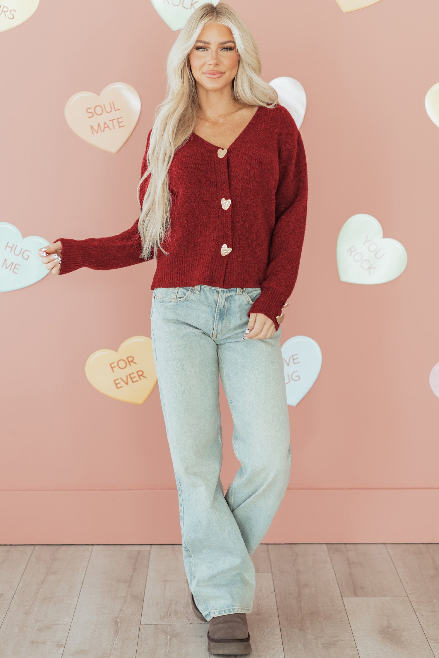 Heart V-Neck Metal Button Wool Cardigan Knit Top in Fiery Red