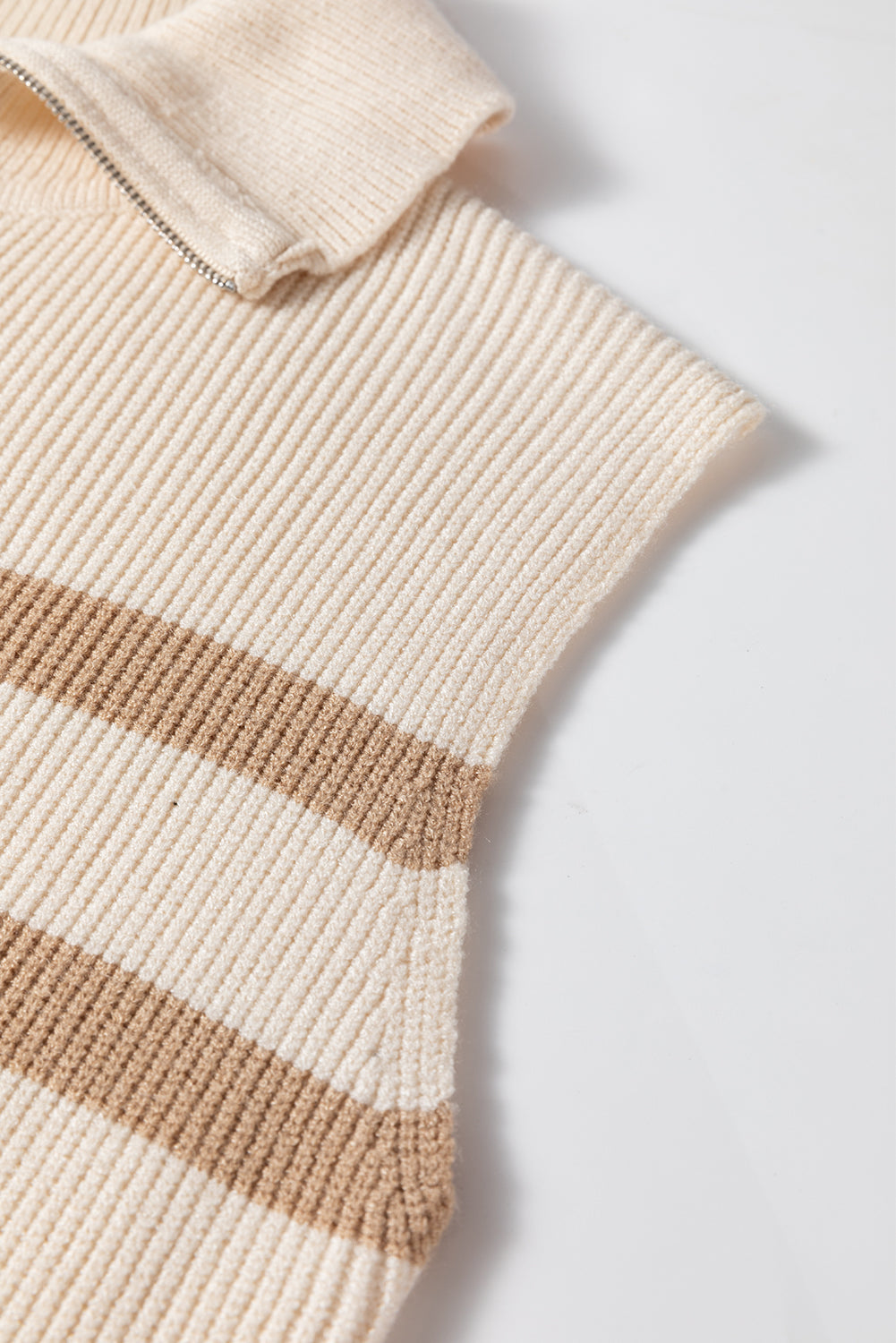 Stripe Zip Rib-Knit Half Collared Knit Top Vest in Khaki