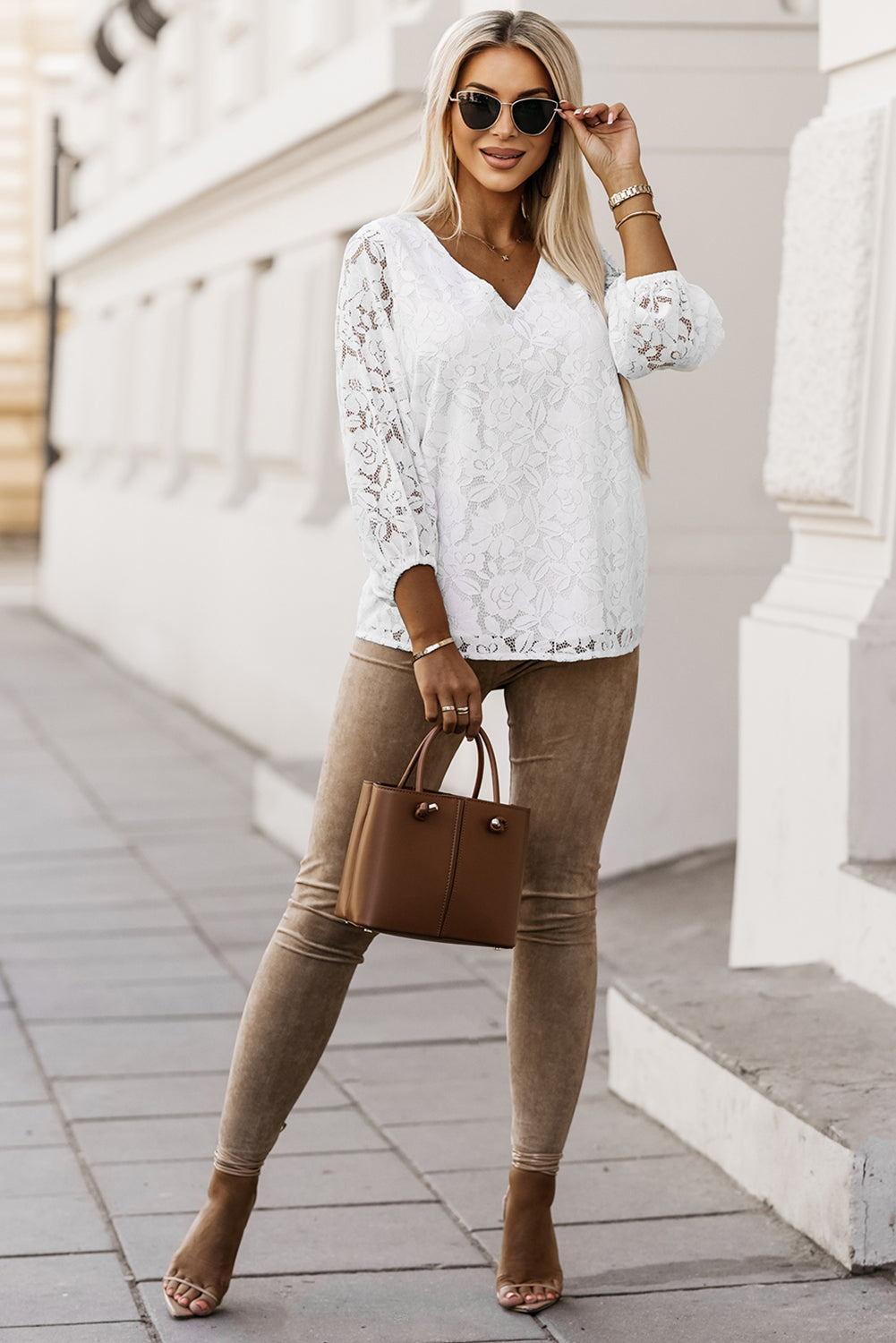 Women's Floral-Print Lace-Trimmed Fit V Neck Top