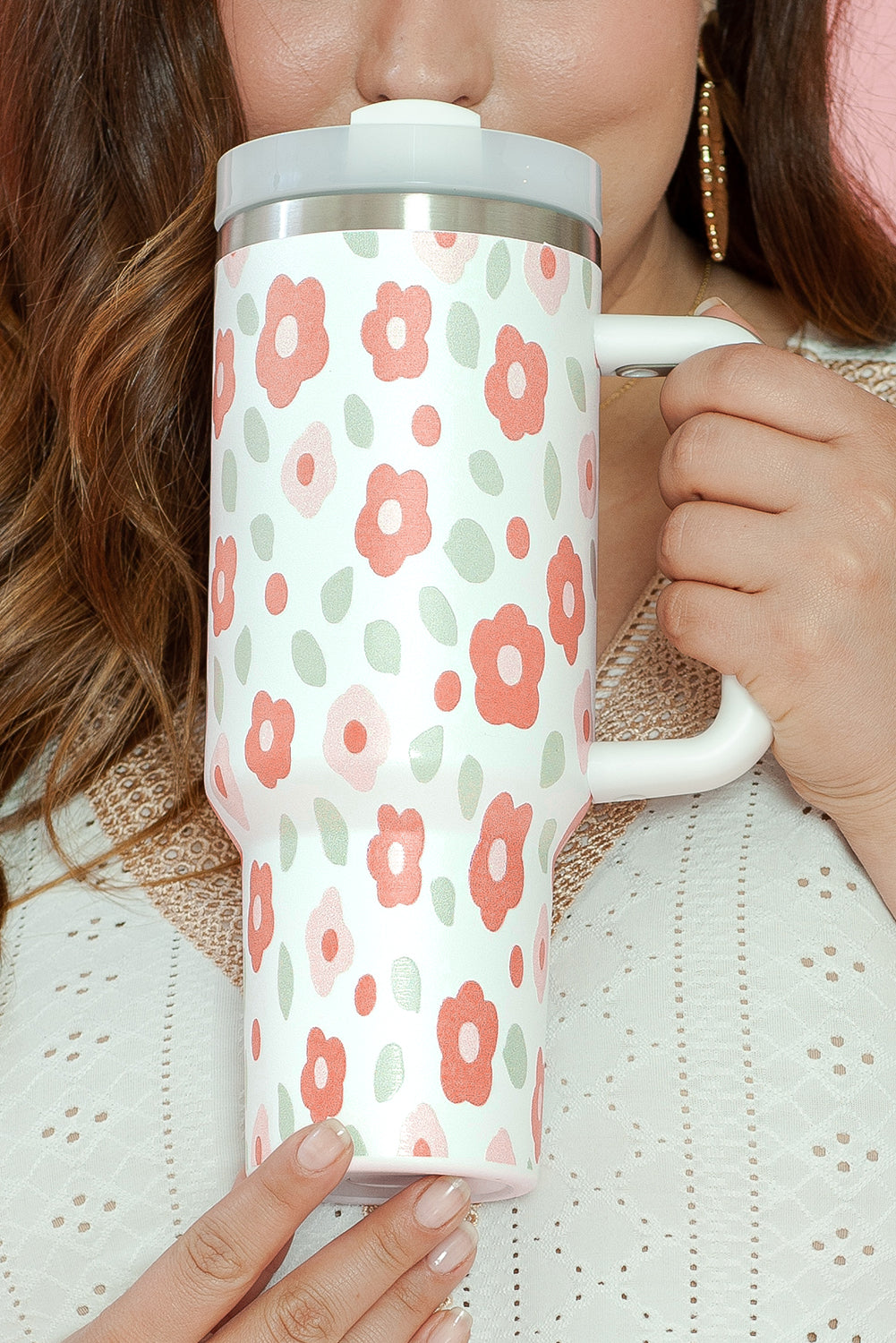 Floral Leaves Print Stainless Large Portable Cup 40oz
