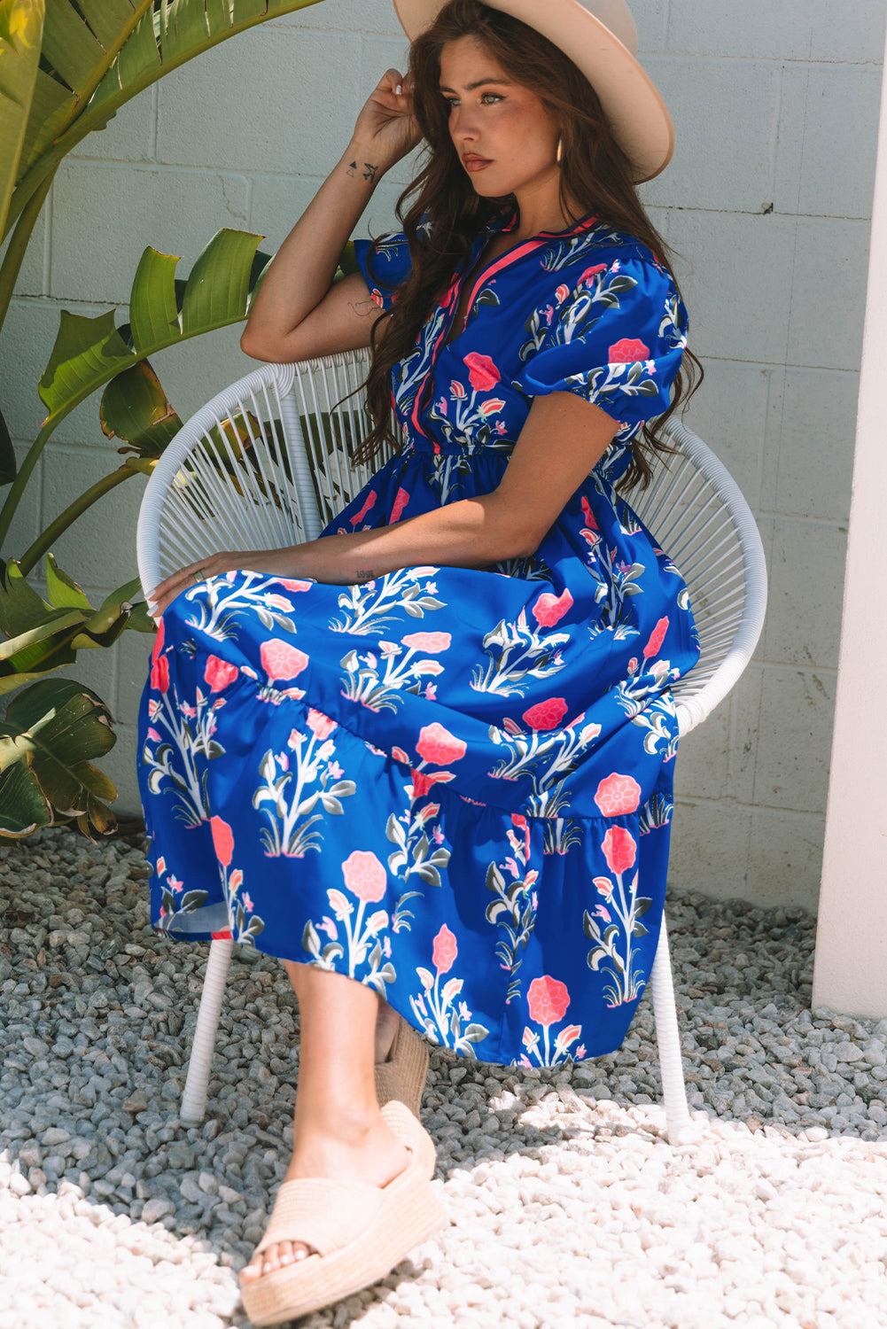 Short-Sleeved Floral Puff Maxi Dress in Blue