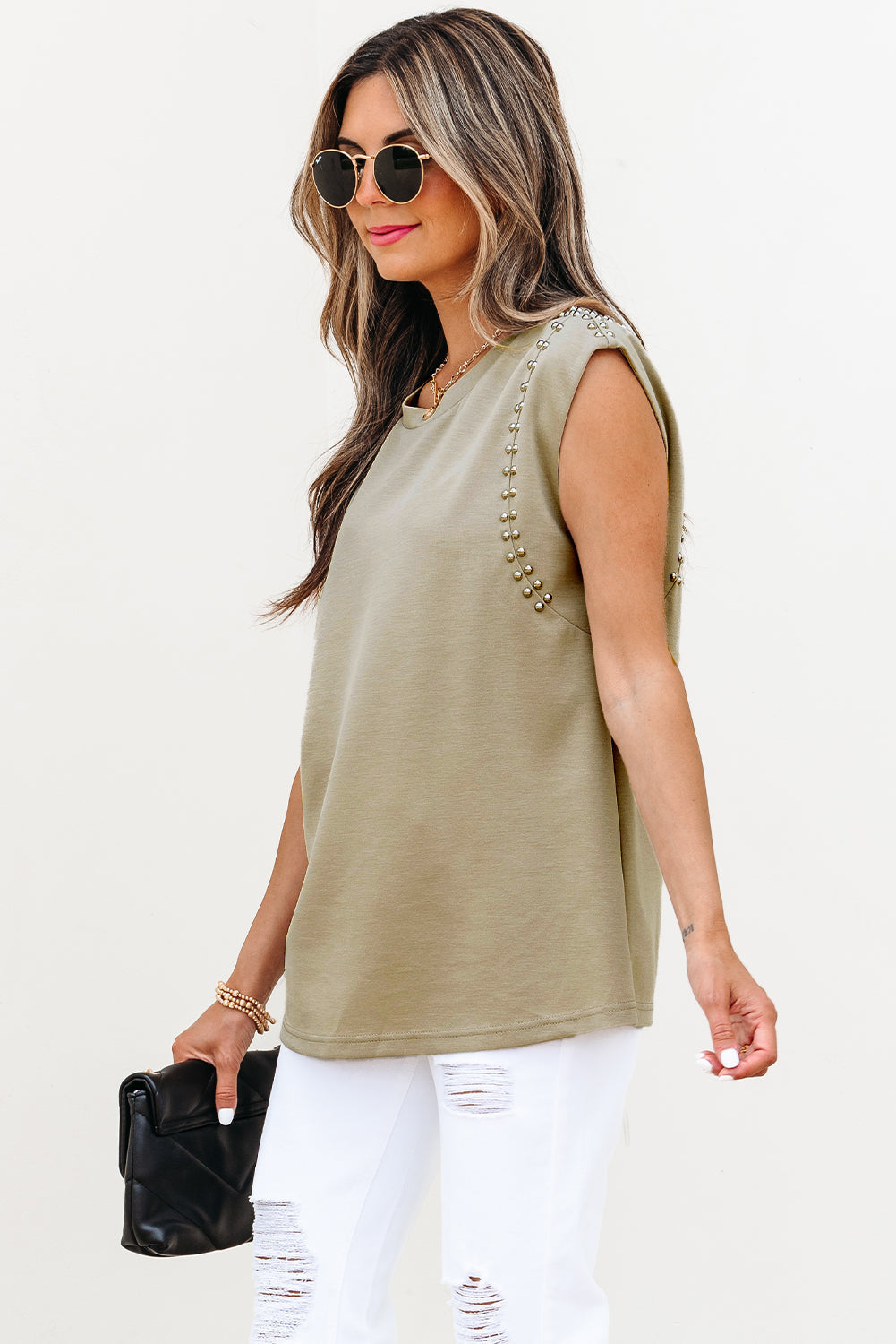 Studded Cap Sleeve Round Neck T Shirt