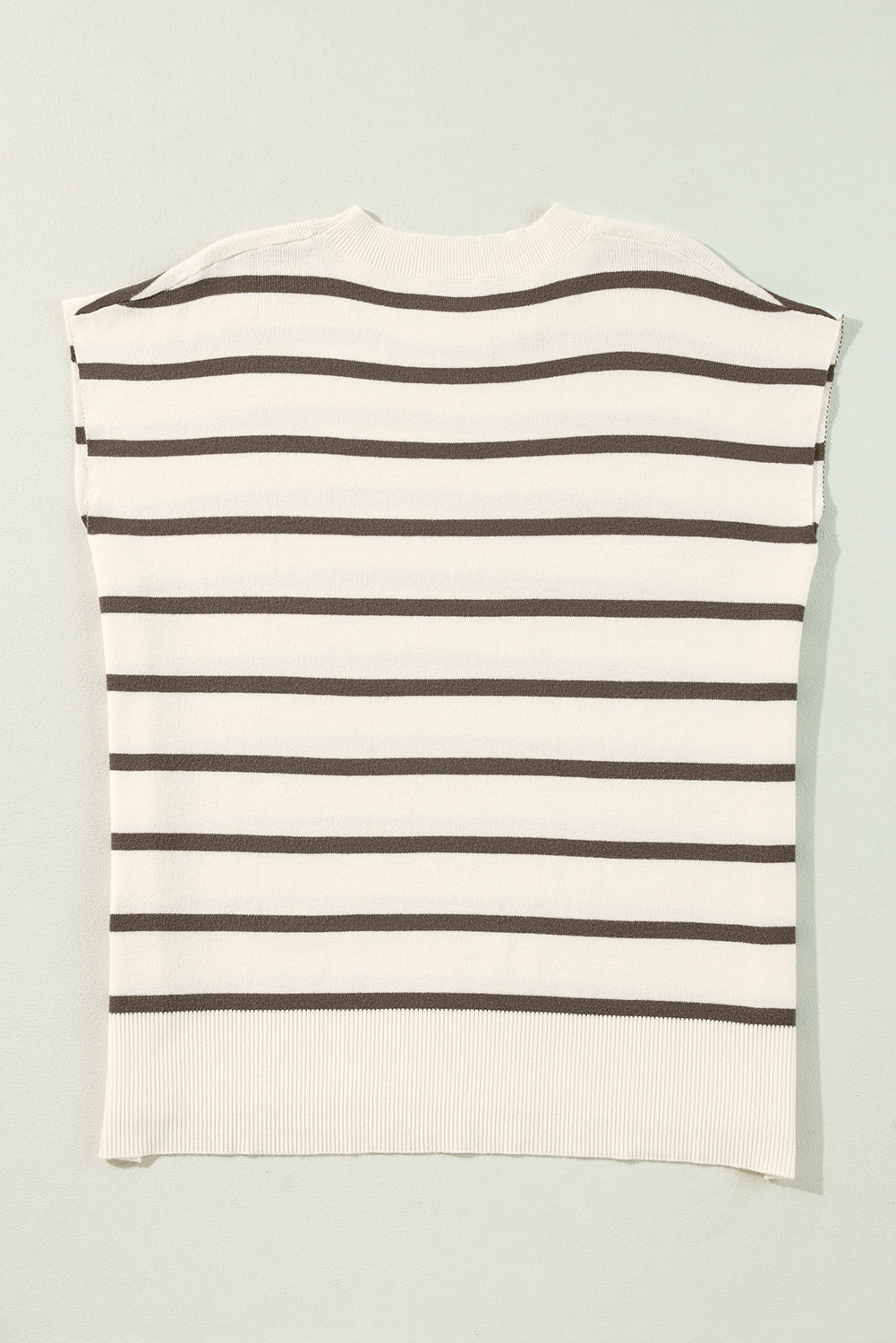 Brown Stripe Side Slits Crewneck Short Sleeve Sweater