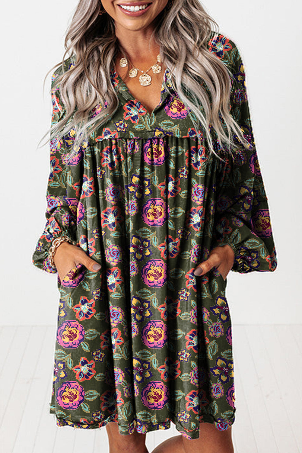 Floral-Print Split Neck Bubble Sleeve Shift Mini Dress