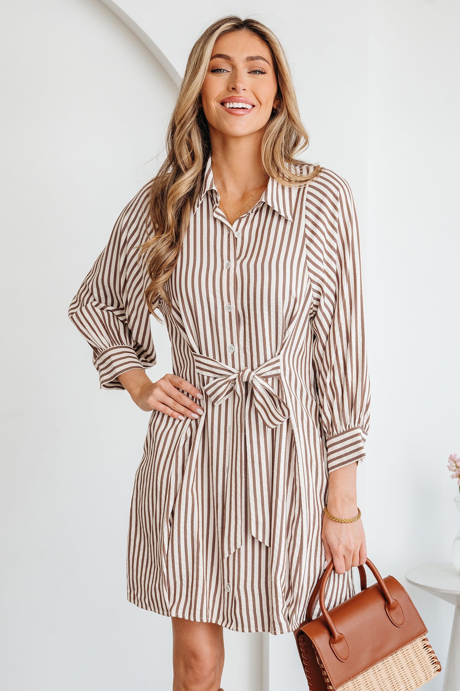 Stripe Knot Waist Button Down Mini Shirt Dress in Brown