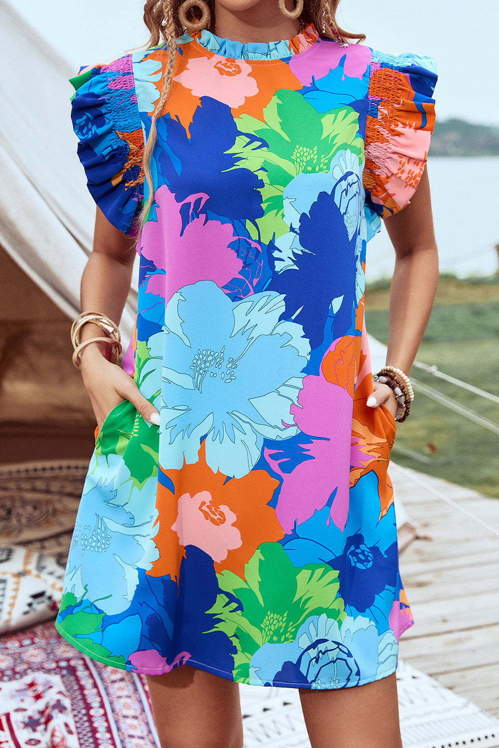 Bold Floral Flutter Sleeve Shift Mini Dress with Pockets