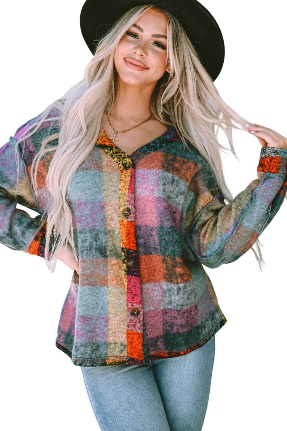 Jacket for Women Button-Front Block Brushed Checked Western
