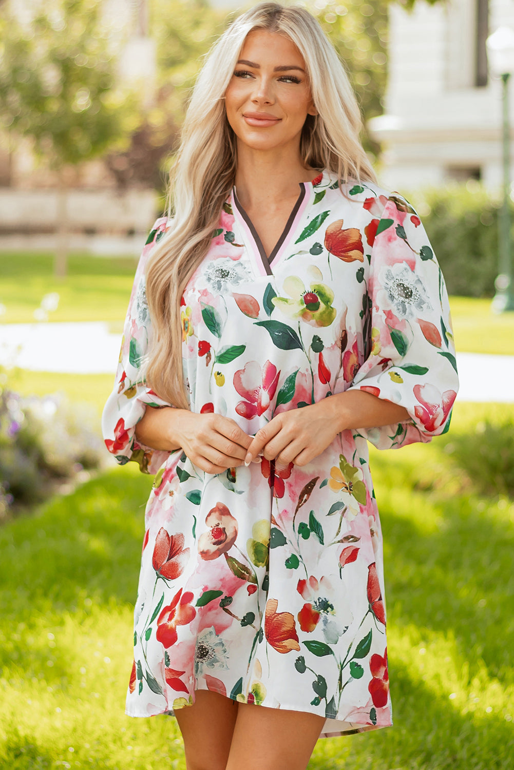 Floral V-Neck Contrast Striped Puff Half Sleeve Shift Dress