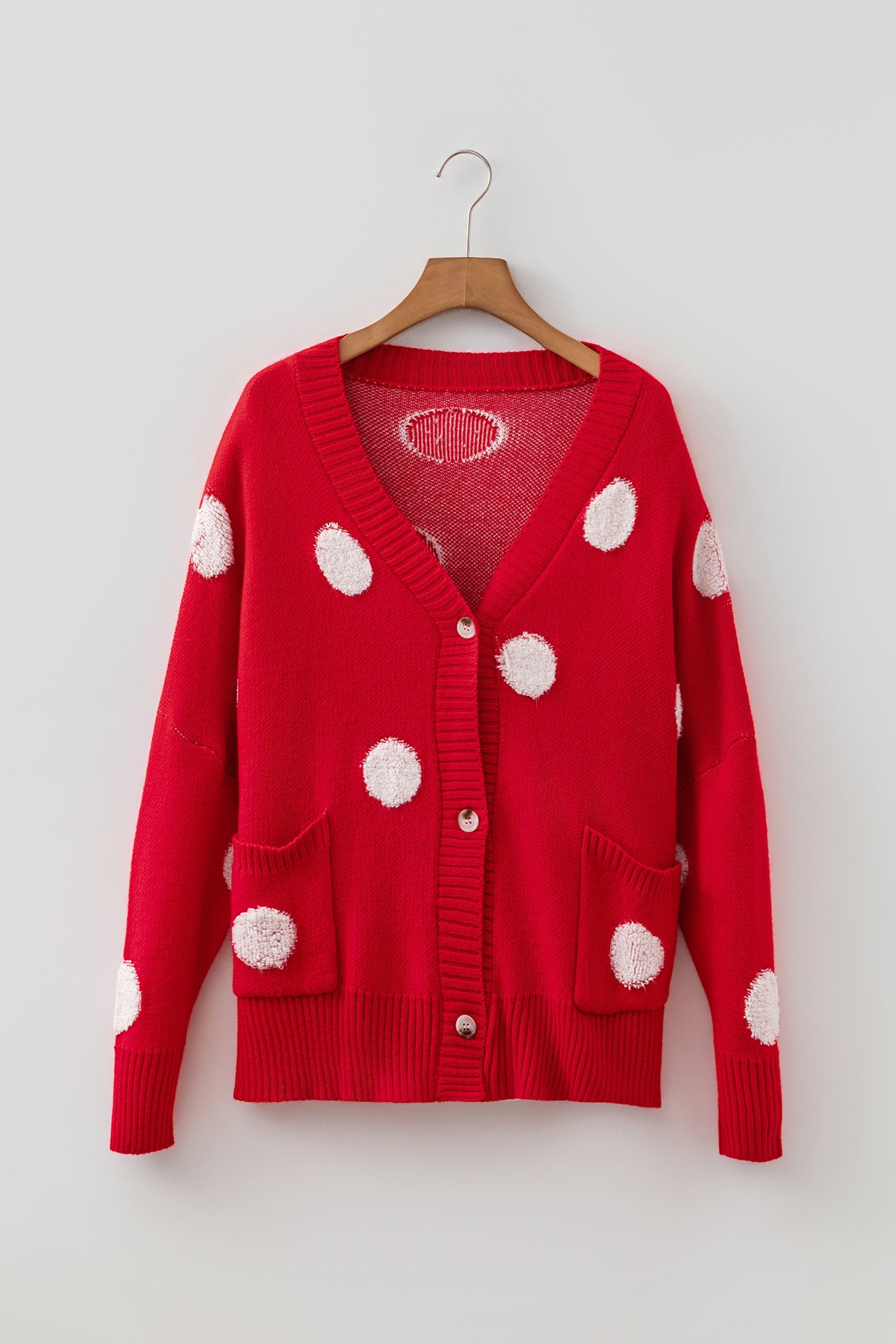 Front Polka-Dot Button Roomy V-Neck Cardigan in Red