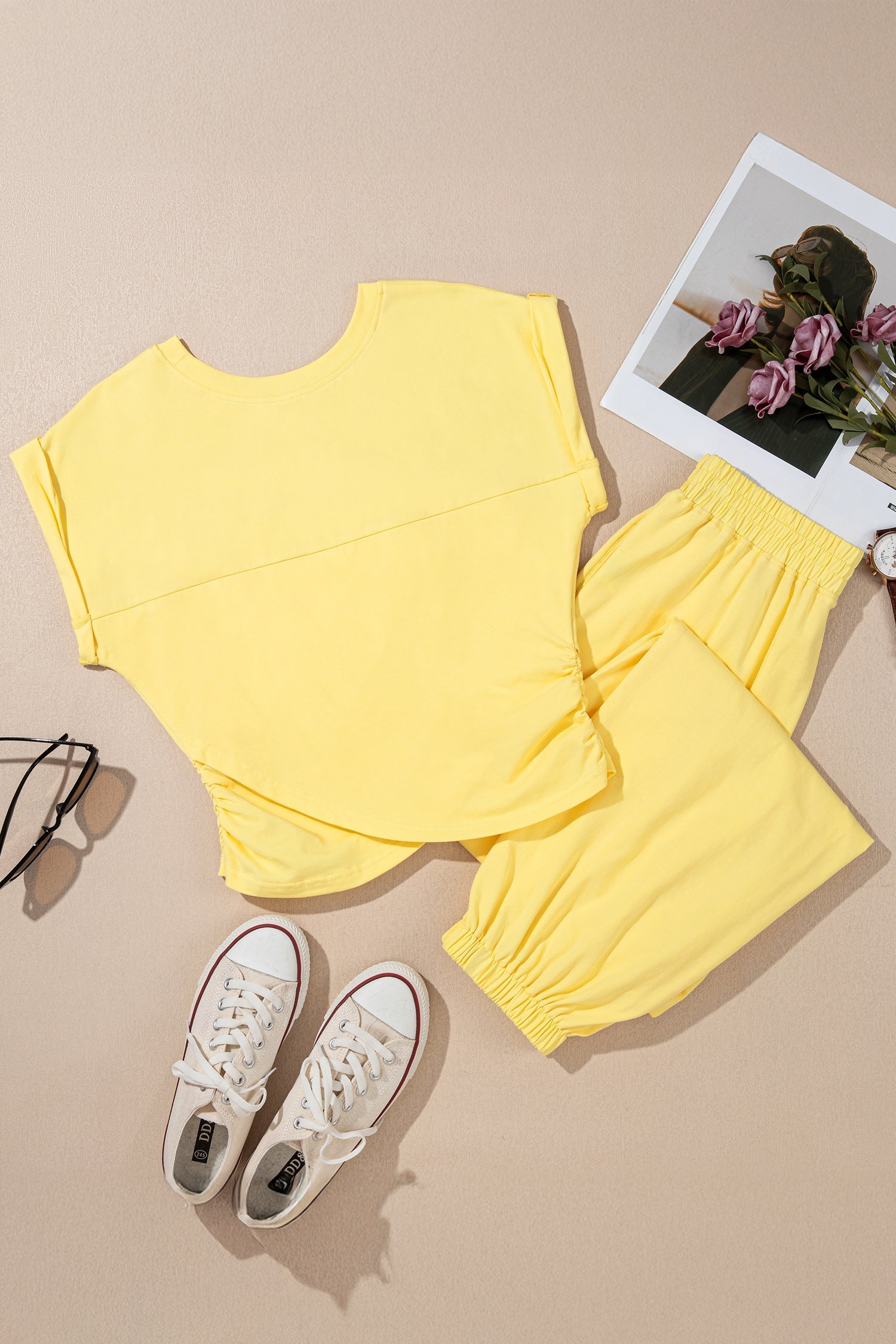 Solid Cropped Cream Cropped Tank Top and Jogger Pants Set in Yellow