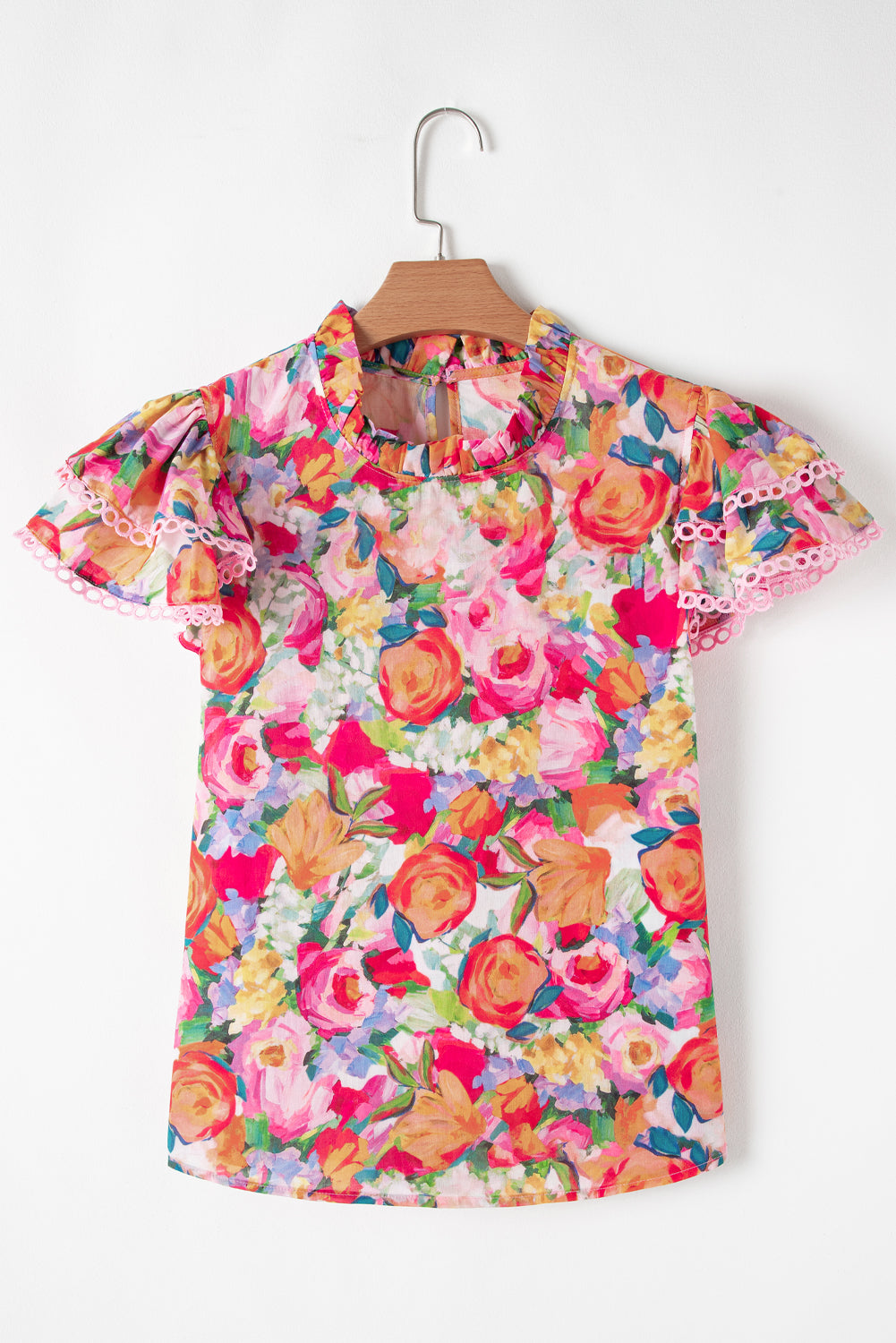 Lace Trim Ruffle Short Sleeve Floral Blouse