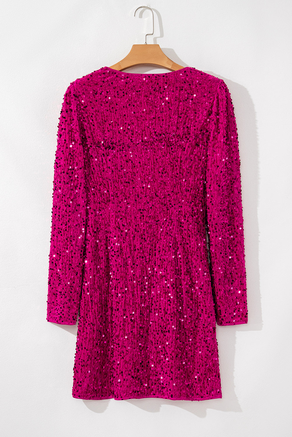Pitaya Pink Velvet Sequin Long-Sleeved V-Neck Wrapped Party Mini Dress